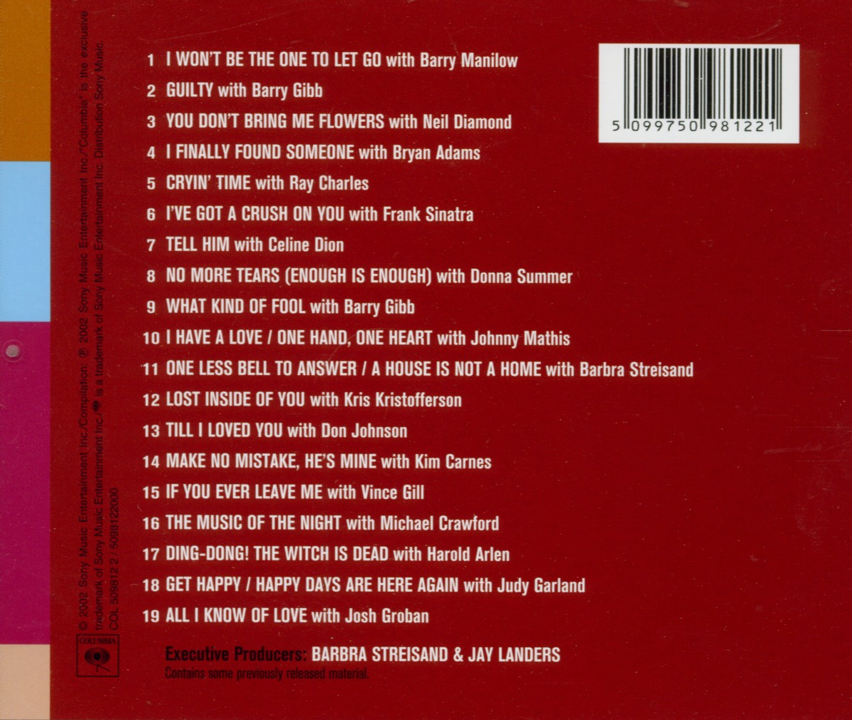 Album-Rückseite mit Songtiteln und Künstlergutschriften in roter Schrift.