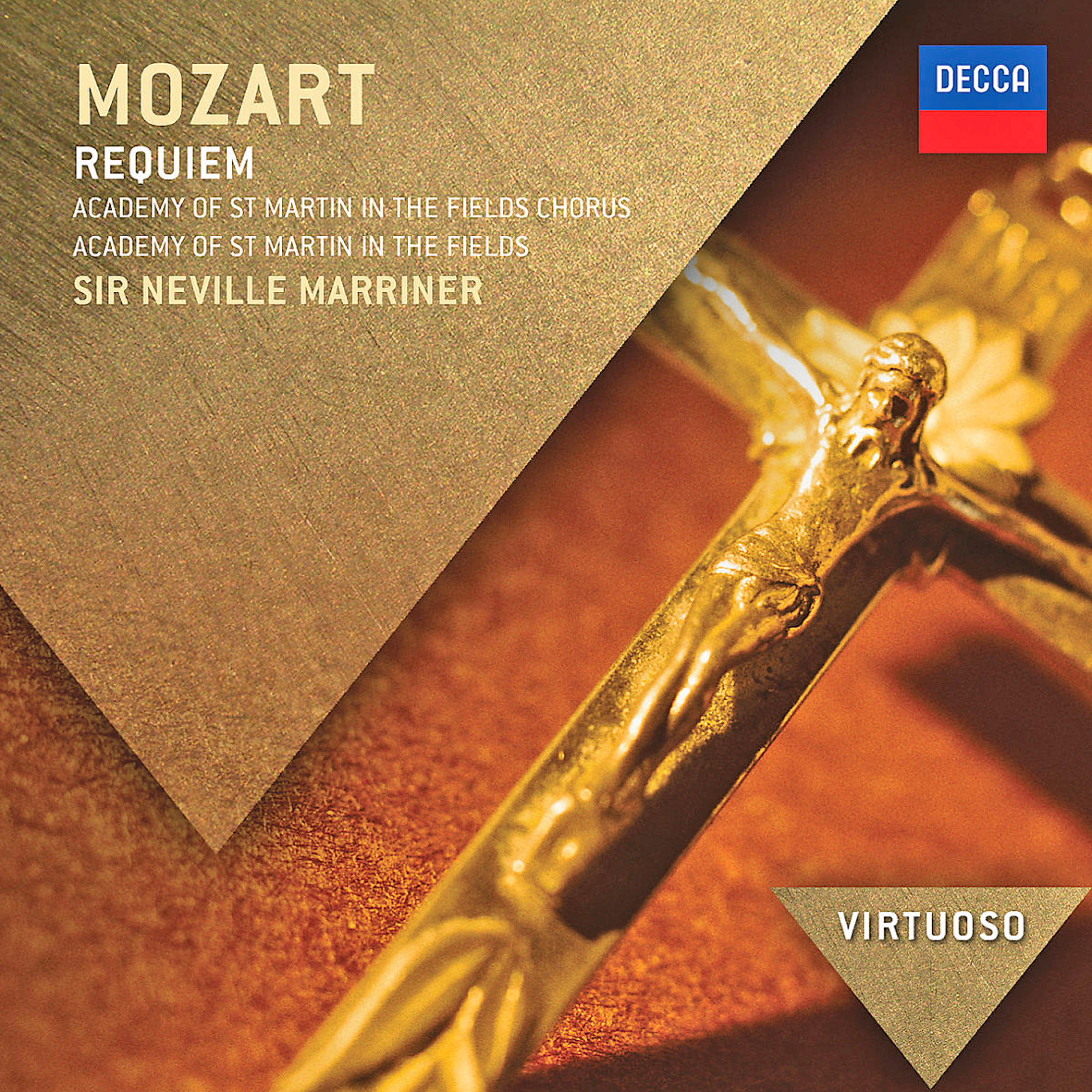 CD-Cover: Mozart Requiem, goldenes Kreuz, Titel, Logo und Text in Gold und Schwarz.