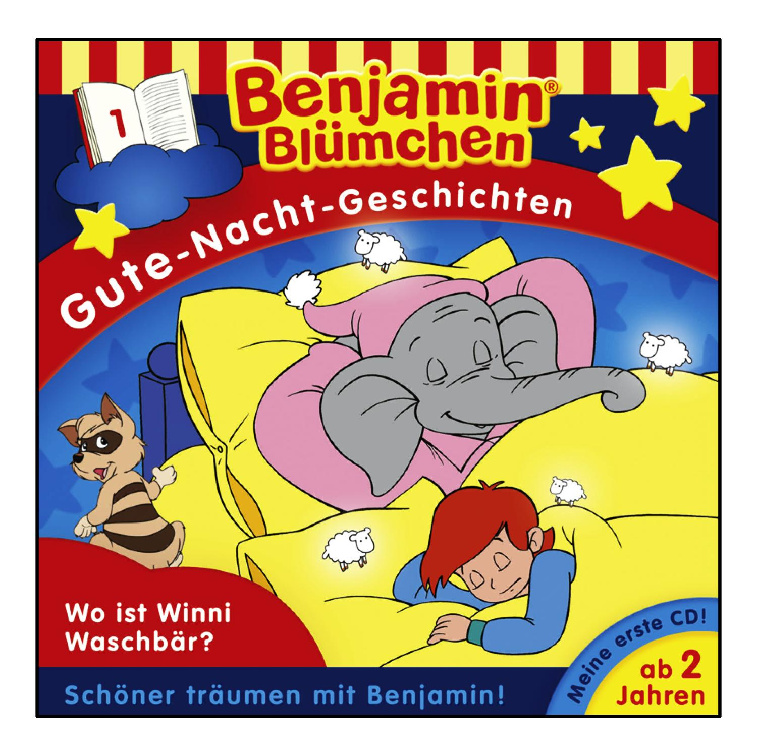 Benjamin Blümchen Kinderbuchcover: Elefant im Bett mit Junge, umgeben von Schafen und Sternen.