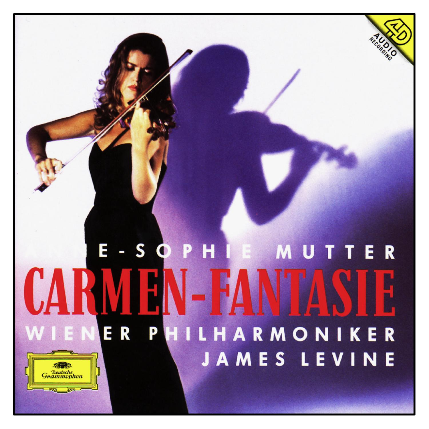 CD-Cover mit einer Frau, die Geige spielt, Titel 'Carmen-Fantasie'. Weißer Hintergrund und Schatten.