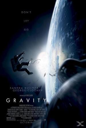 Filmposter voor "Gravity". Astronaut in de ruimte, Aarde en een ruimteschip op de achtergrond.