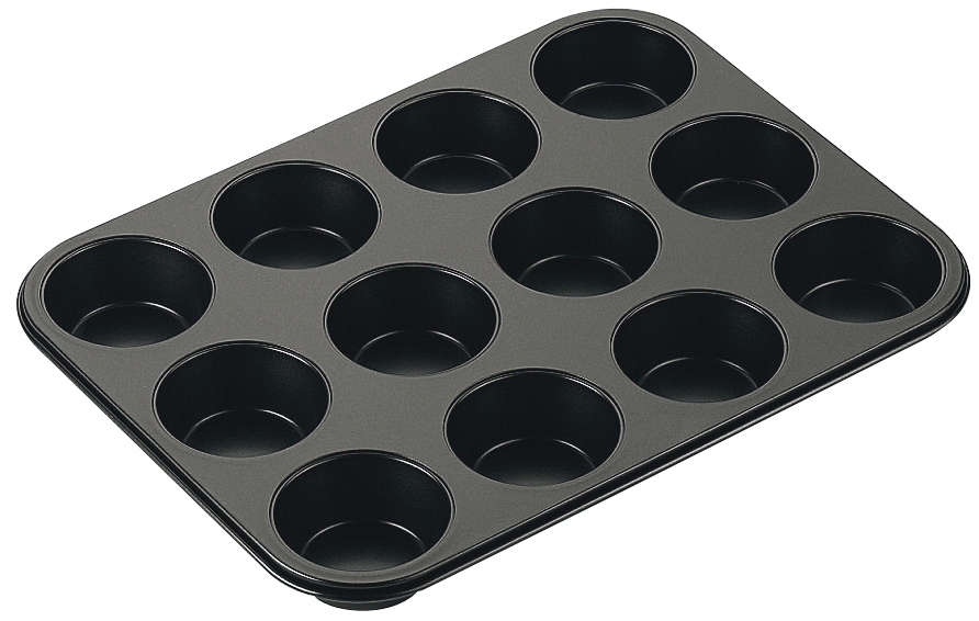 Eine schwarze Muffinform mit 12 runden Formen.