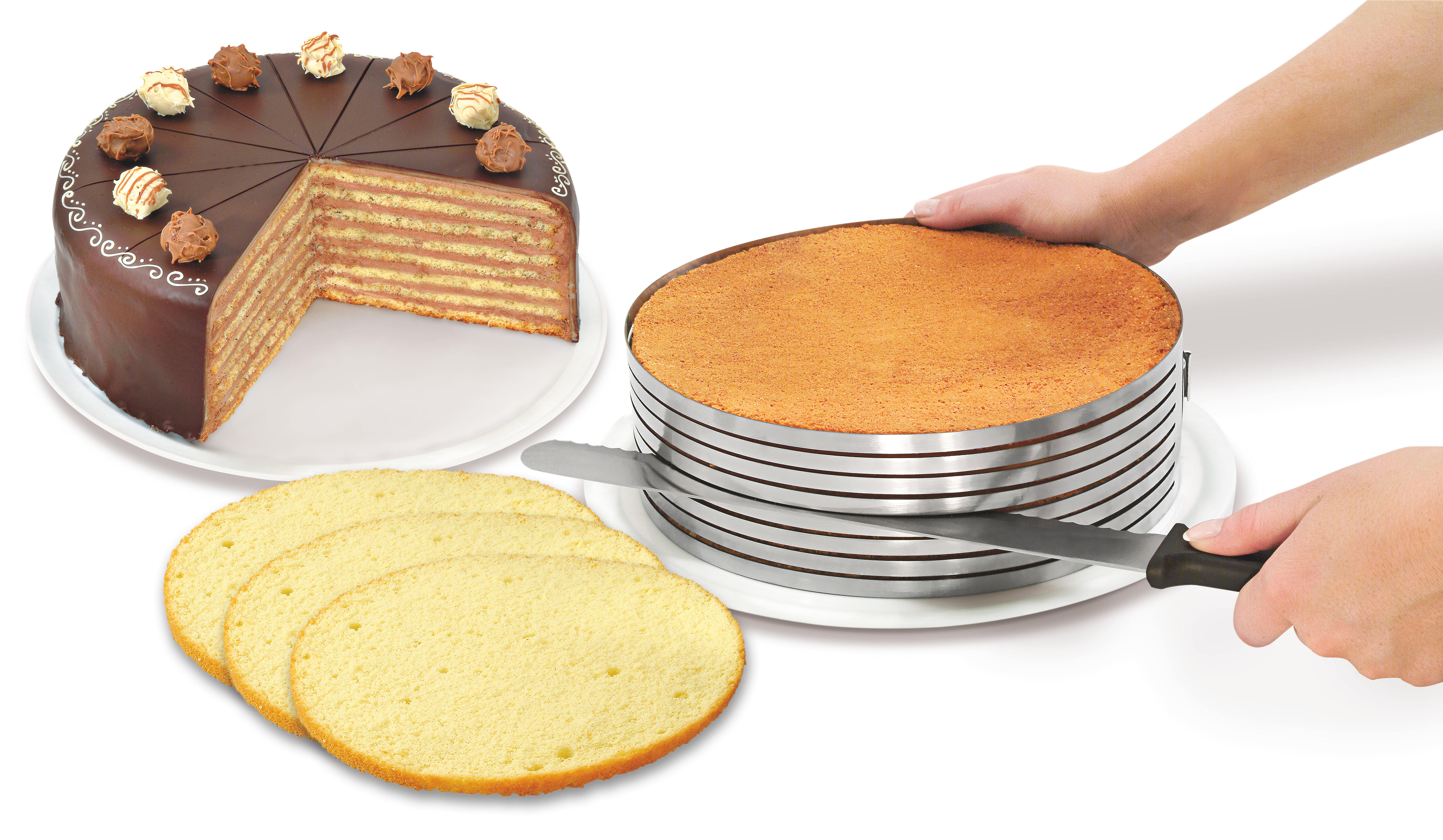 Ein Kuchen und ein Kuchenschneider. Kuchenstücke links, ganzer Kuchen mit geschnittener Scheibe rechts.