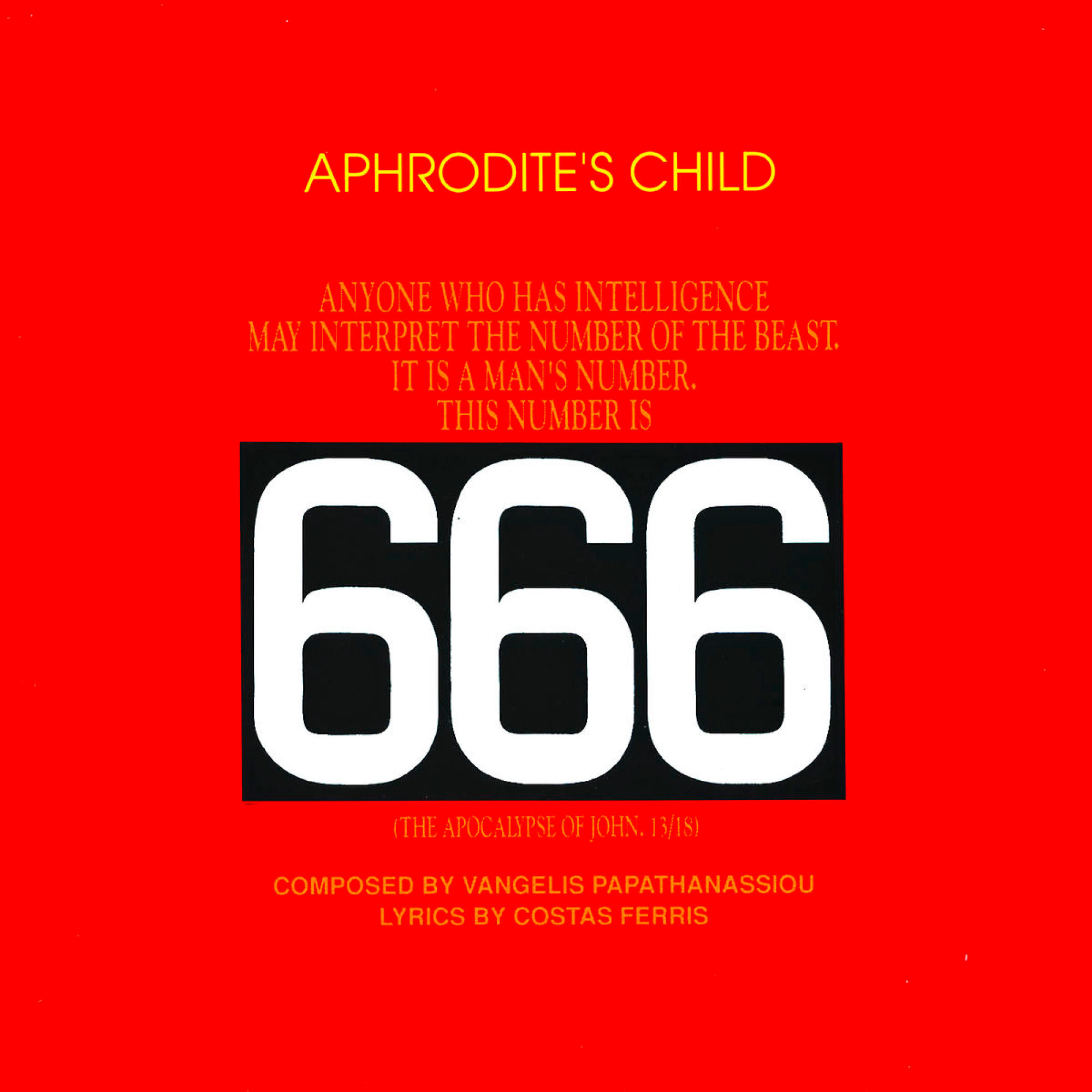 Aphrodite's Child Albumcover. Roter Hintergrund mit Text: 666, Die Apokalypse des Johannes.