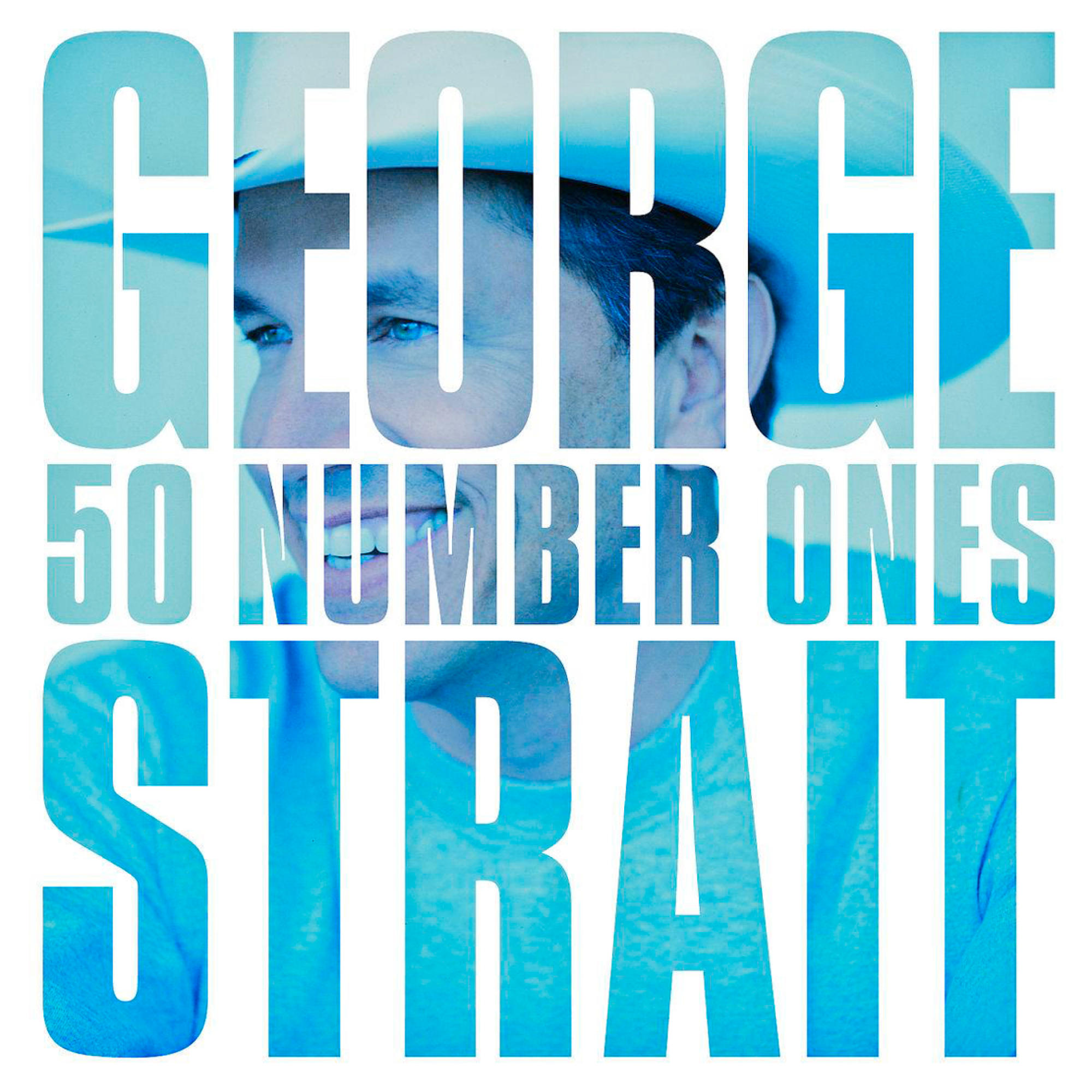 Albumcover. Blauer Text 'GEORGE STRAIT' und '50 NUMBER ONES'. Foto eines Mannes mit Cowboyhut.