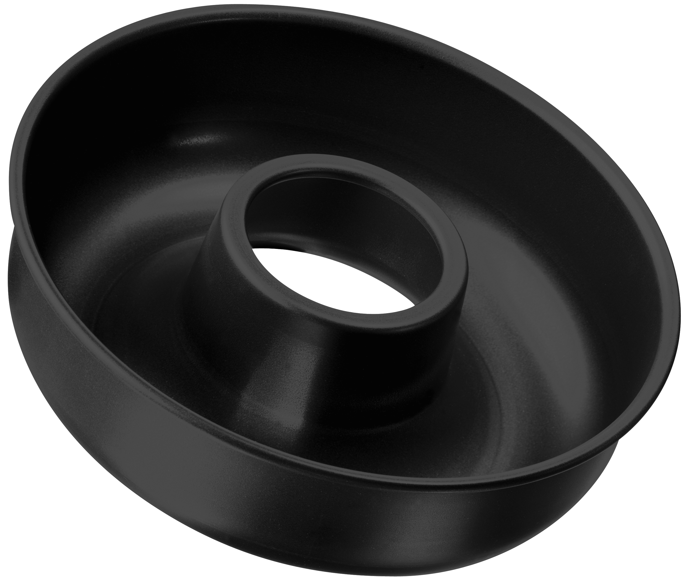 Eine schwarze Gugelhupf-Form auf weißem Hintergrund. Sie hat einen Ring in der Mitte und eine runde Form.