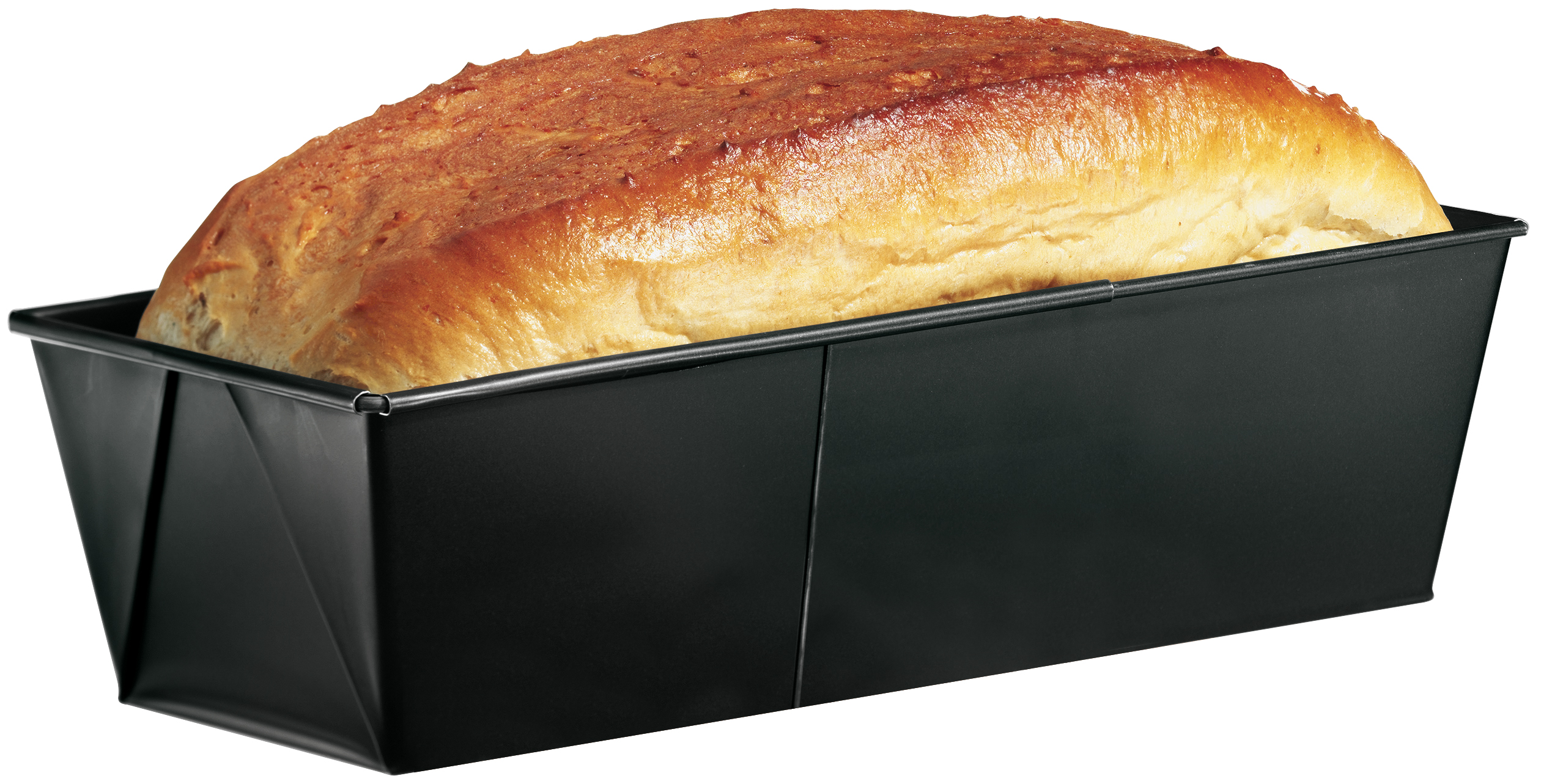 Ein Brotlaib in einer schwarzen Backform. Das Brot ist goldbraun und die Pfanne ist schwarz.