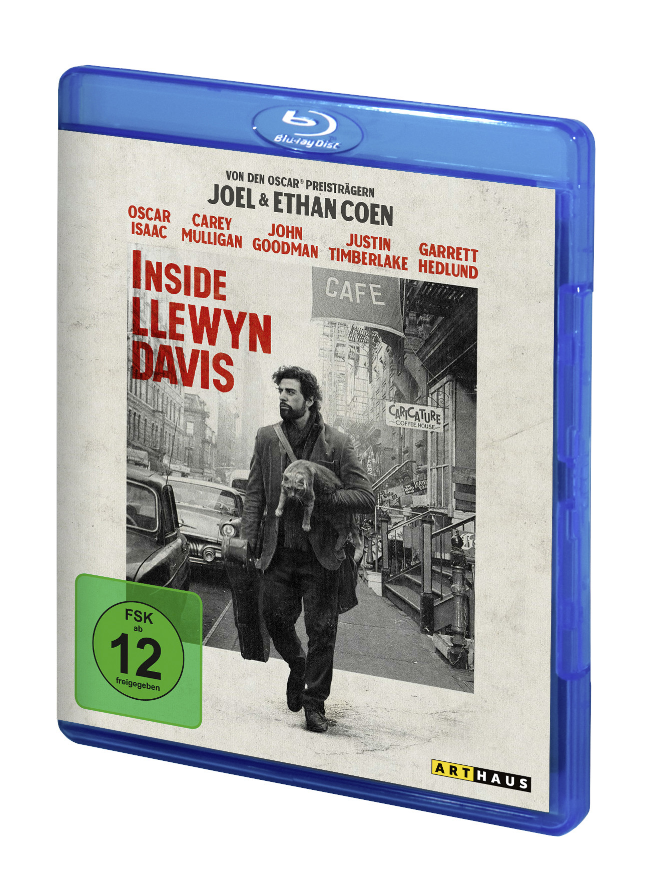 Blue-ray Cover: Ein Mann geht eine Stadtstraße entlang und trägt einen Gitarrenkoffer und eine Katze.