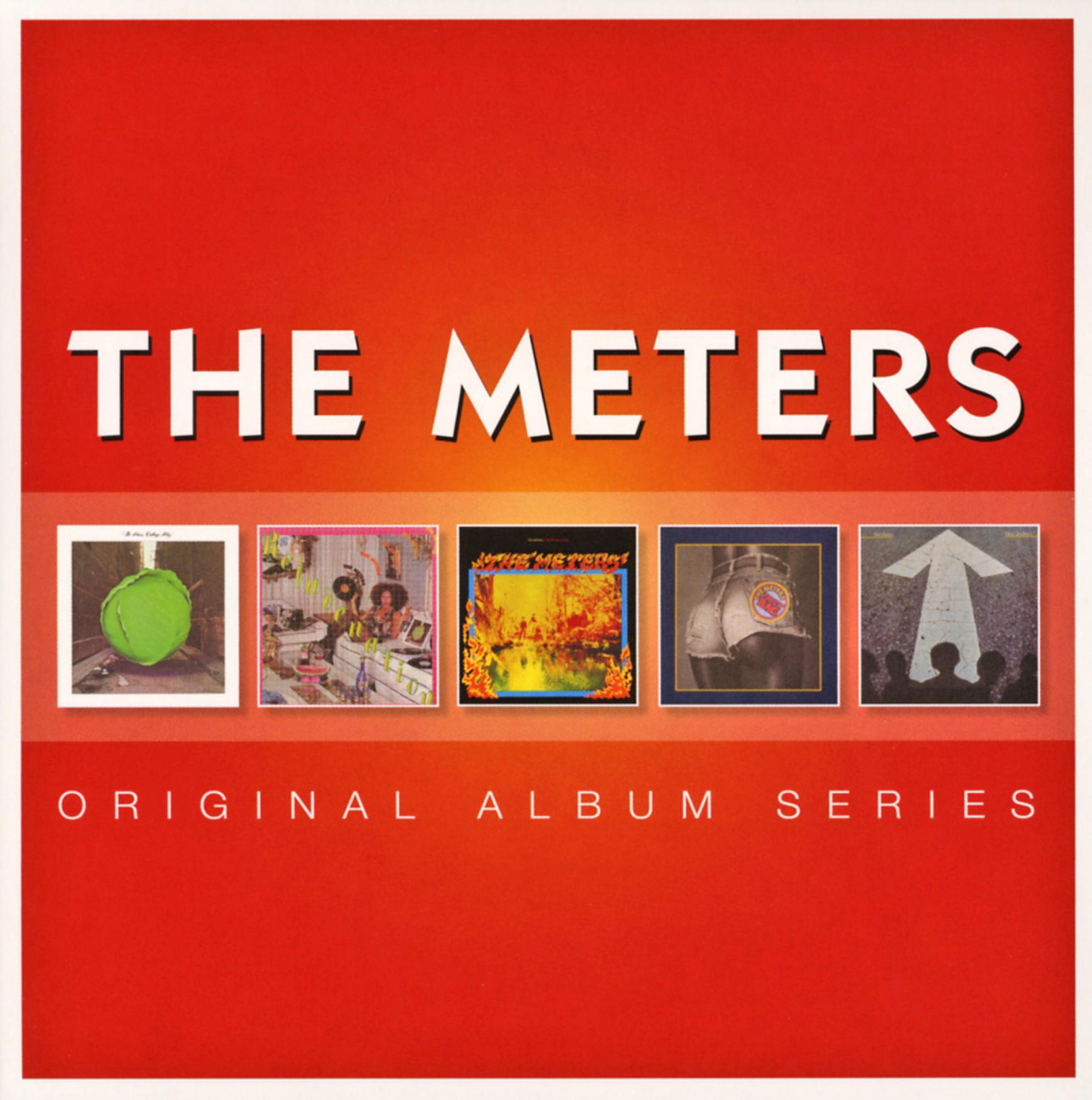 Albumcover für 'The Meters' mit rotem Hintergrund und fünf verschiedenen Albumcovern.