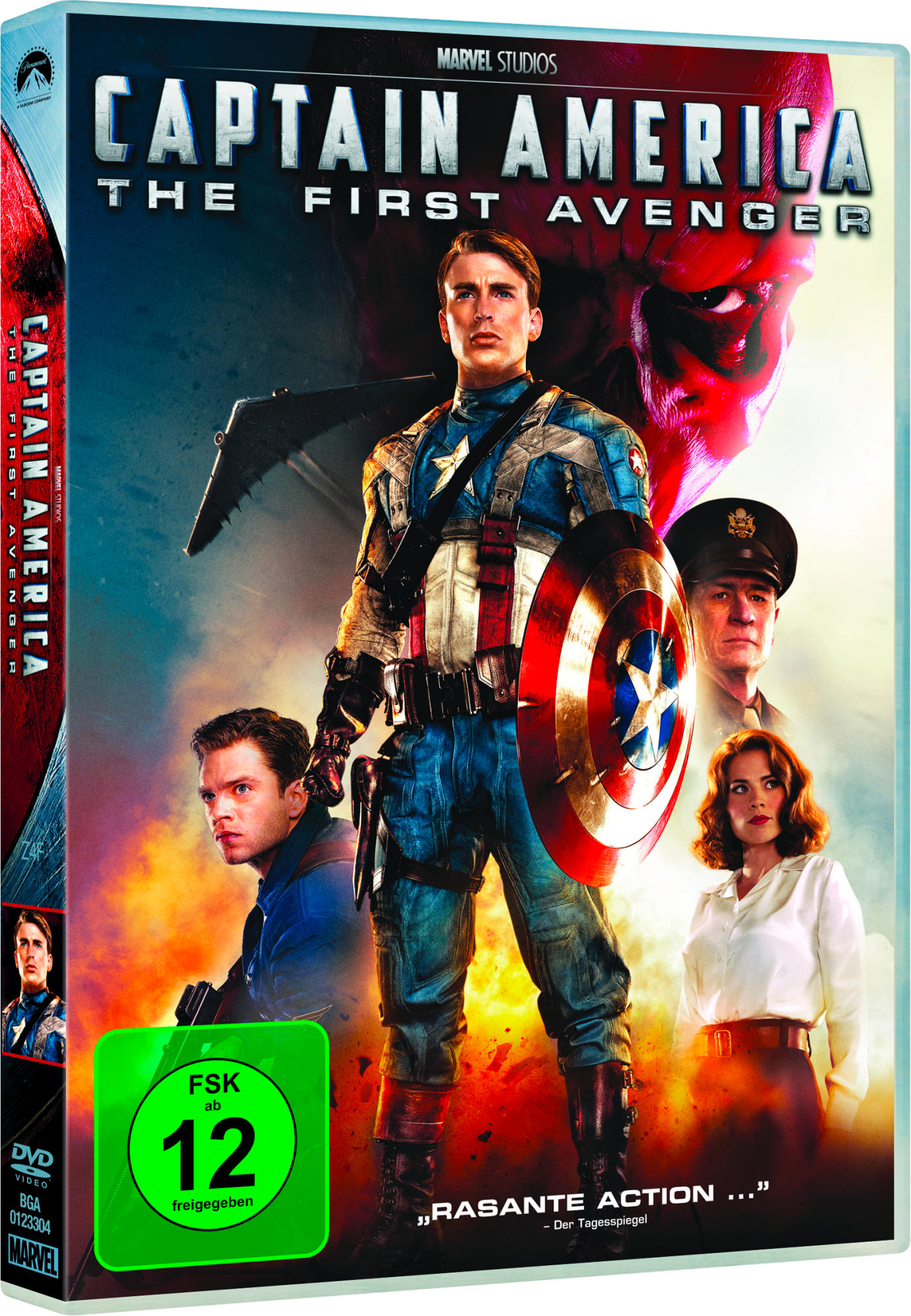 DVD-Cover von Captain America: The First Avenger. Steve Rogers und andere Charaktere werden angezeigt.