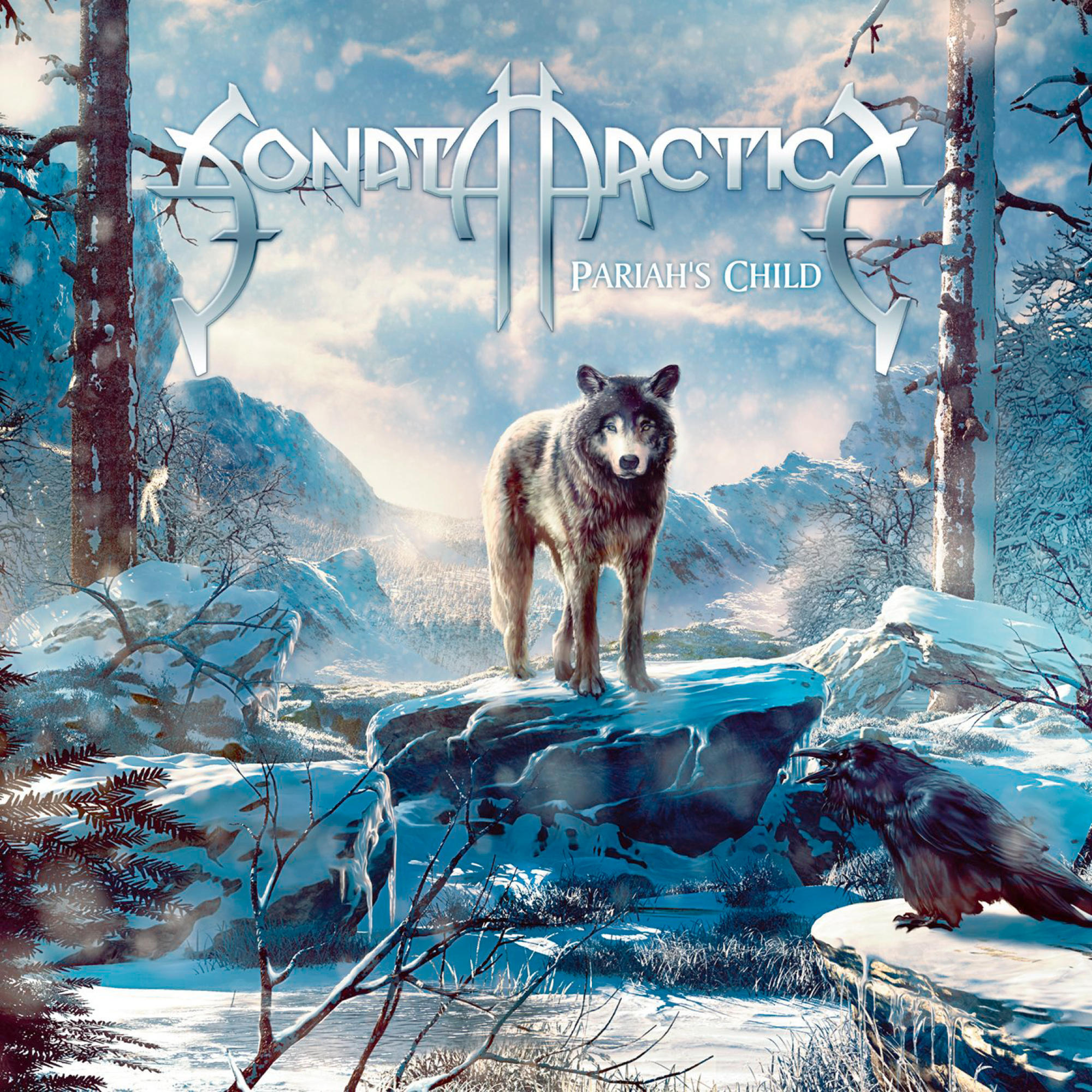 Albumcover mit einem Wolf auf einem Felsen, verschneitem Wald und einem Raben auf einem Felsen.
