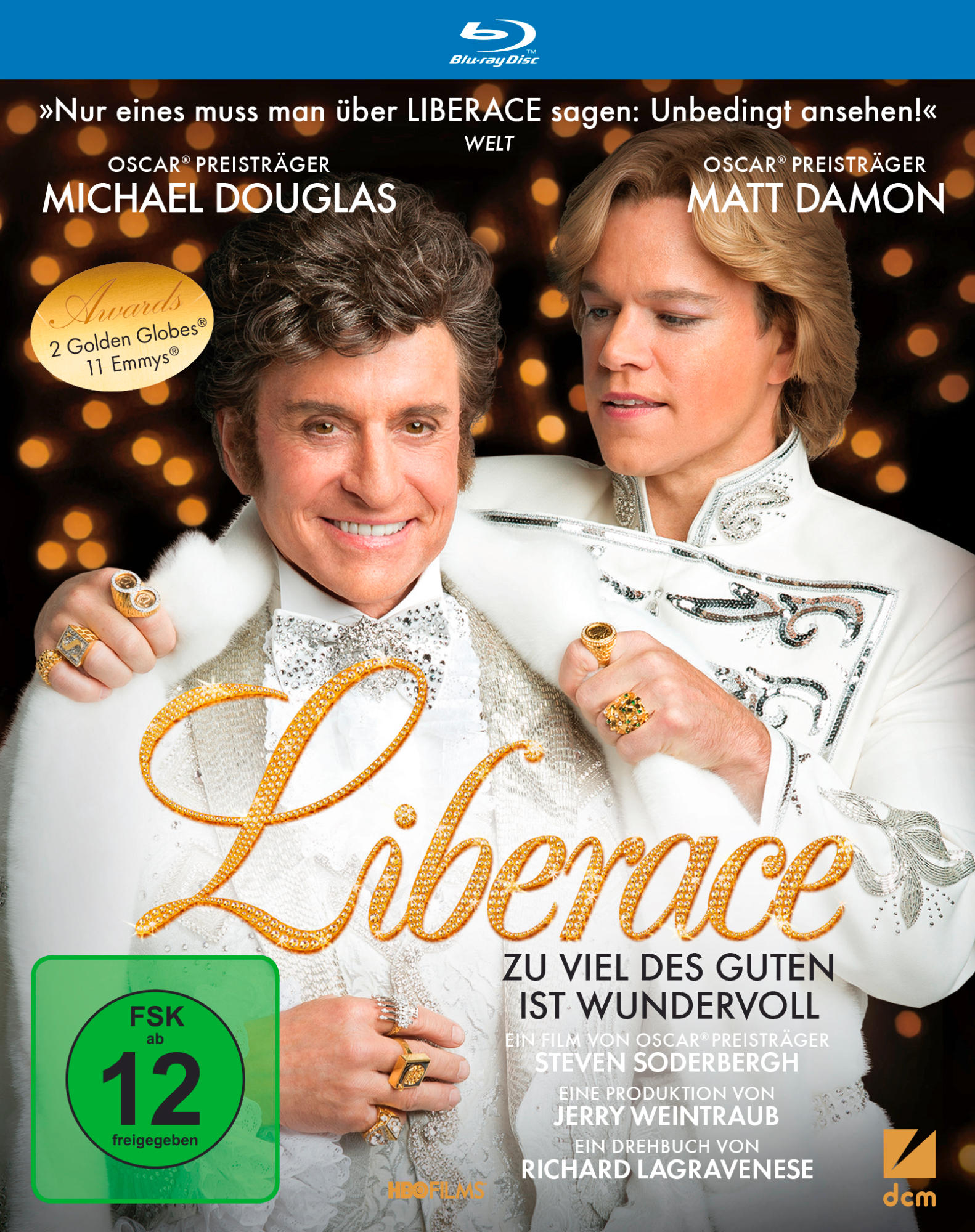 Filmposter: Michael Douglas und Matt Damon auf einem goldfarbenen Poster für Liberace.