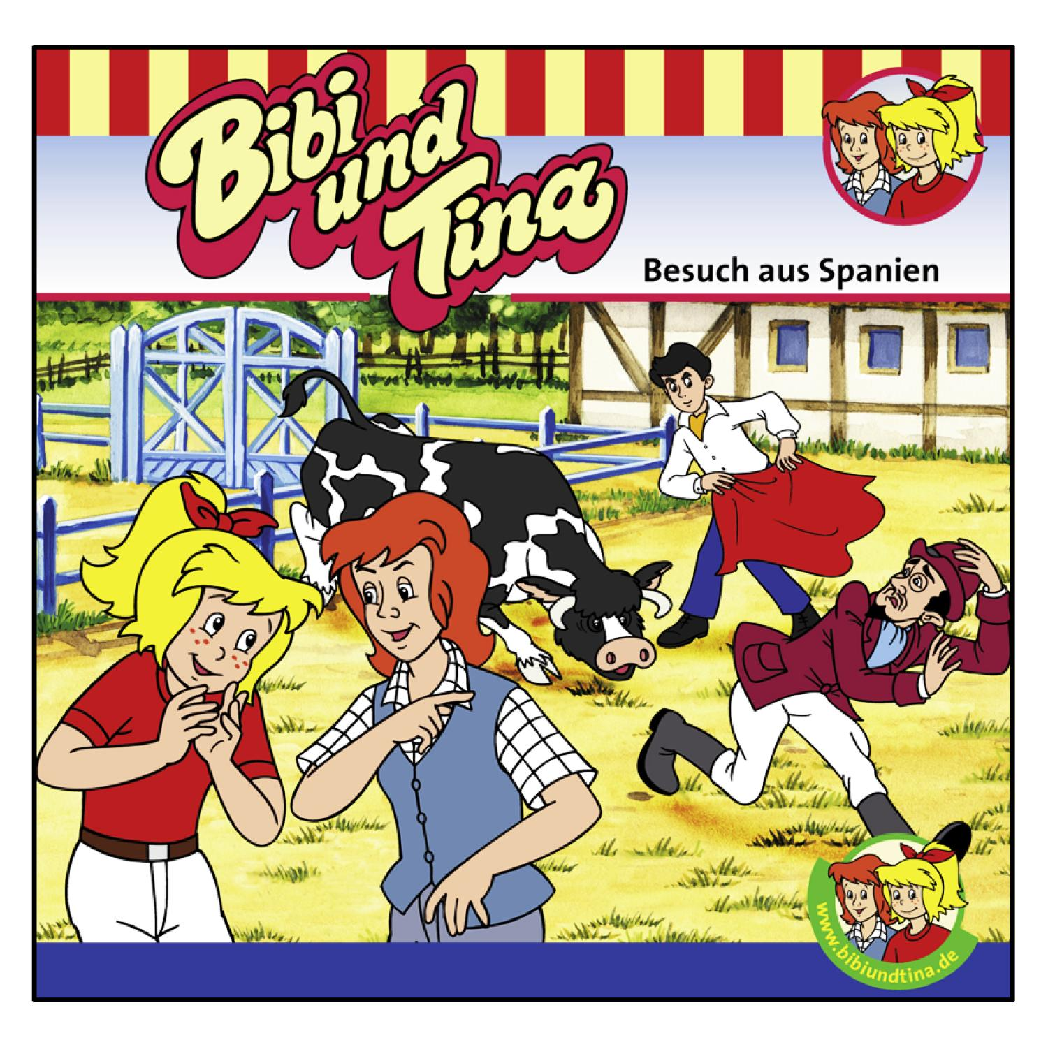 Cartoon-Cover mit Kindern, einer Kuh und dem Text "Bibi und Tina" auf Deutsch.