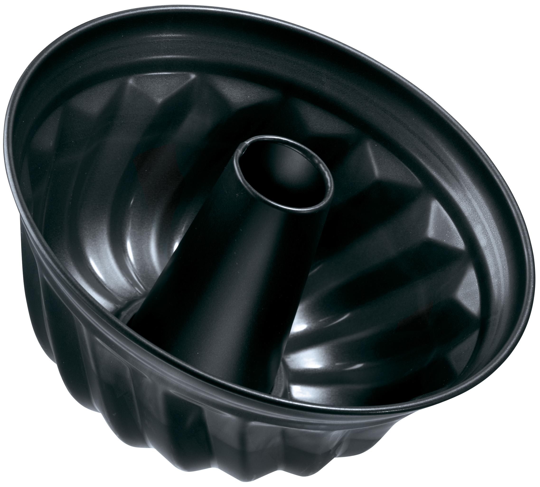Schwarze Bundt-Kuchenform mit Mittelrohr und geriffelten Seiten.