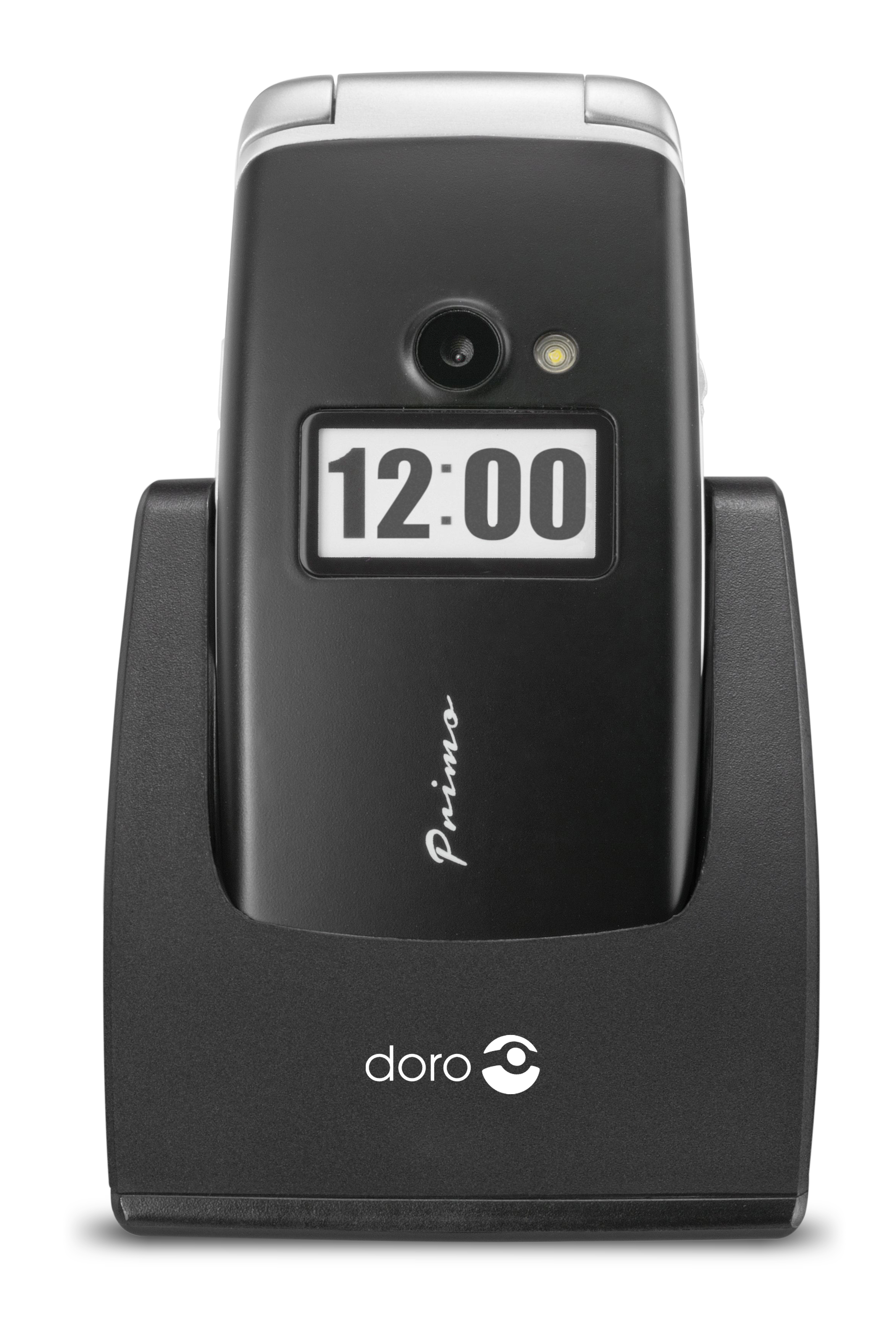 Schwarzes Klapphandy in einer schwarzen Ladestation. Eine Digitaluhr zeigt 12:00.