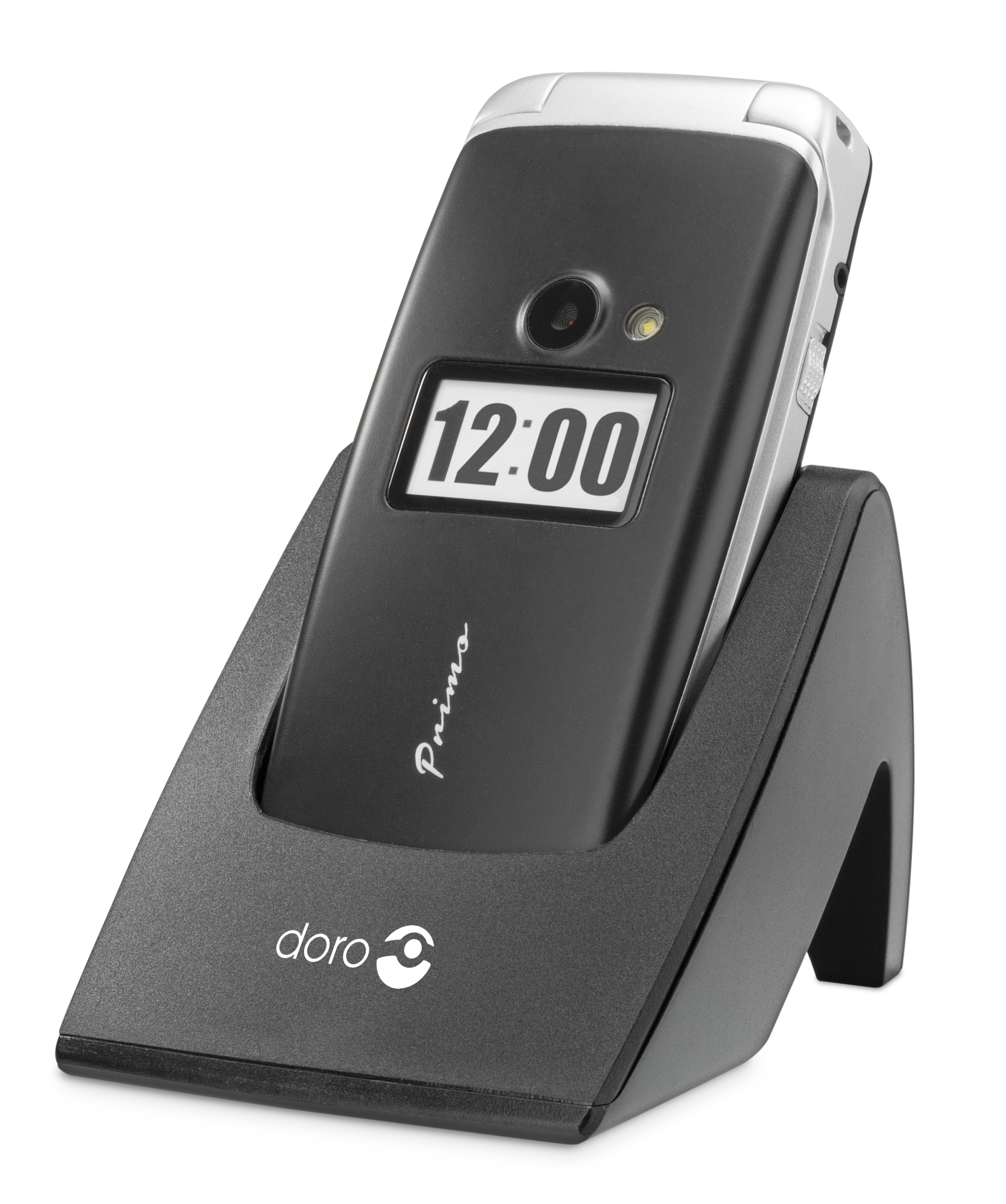 Ein schwarzes Doro-Telefon in seinem Ladegerät. Der Bildschirm zeigt 12:00 Uhr.