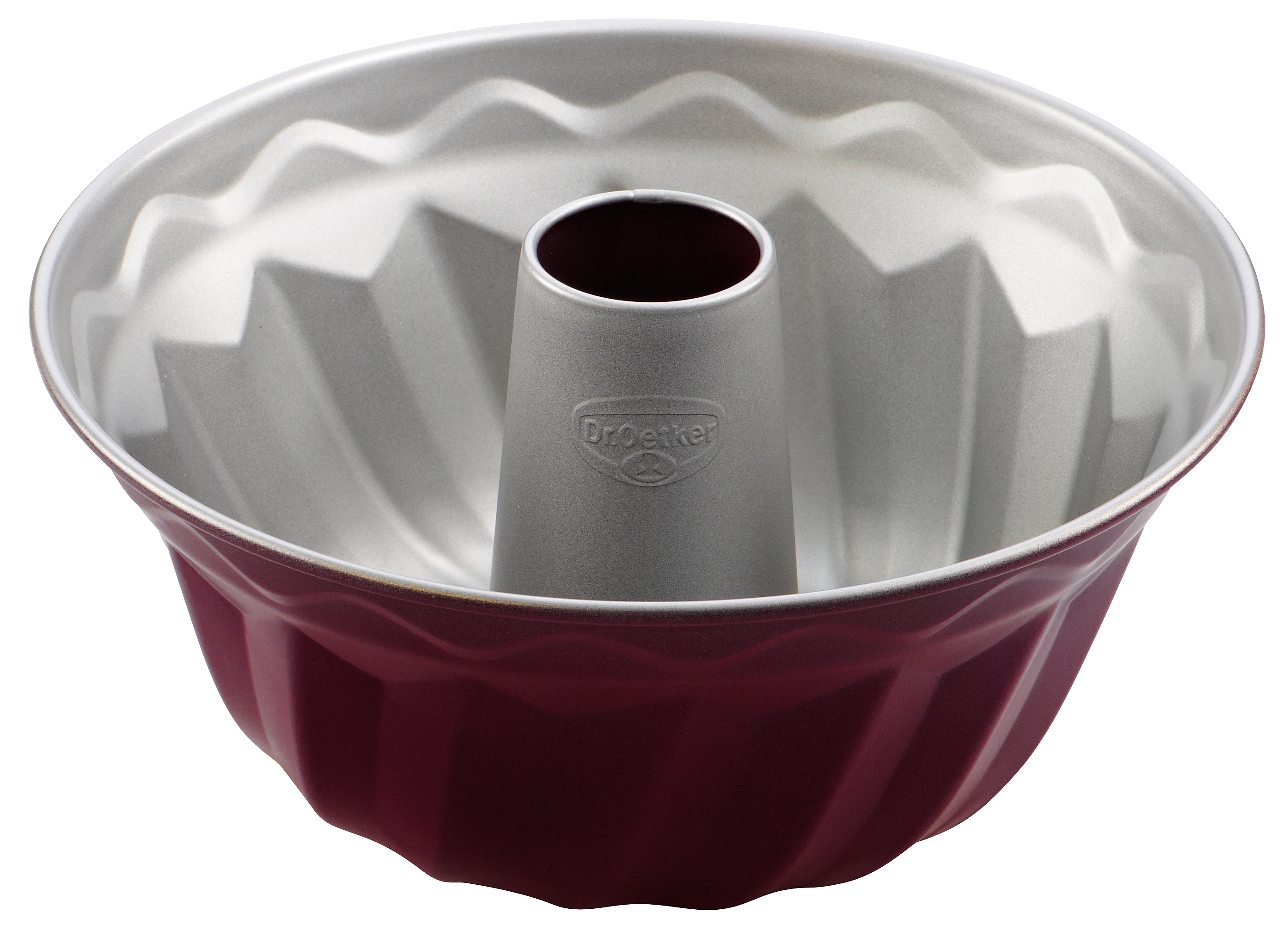 Eine rote Gugelhupf-Form mit einem zentralen Rohr. Die Form hat ein geriffeltes Design und der Markenname ist sichtbar.