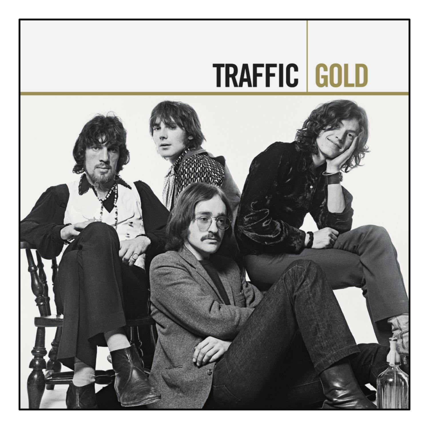 Traffic Gold Albumcover. Vier Männer in Schwarzweiß, posierend. Weißer Hintergrund.