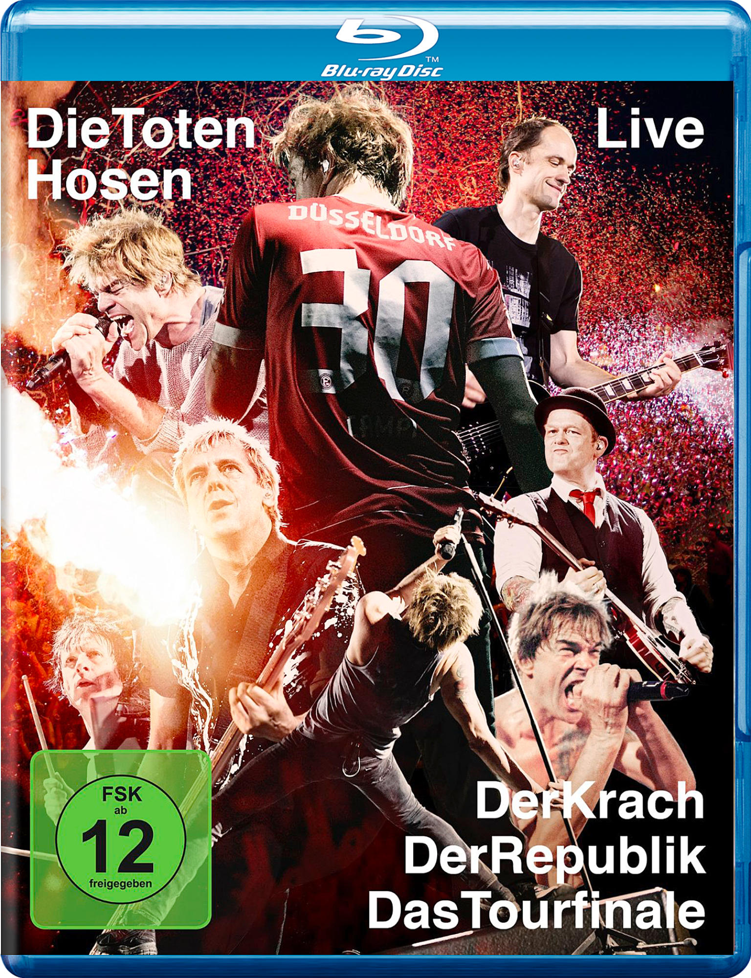 Blu-ray Disc Cover. Eine Gruppe Männer auf der Bühne spielt Musik. Der Titel lautet 'Die Toten Hosen Live'.