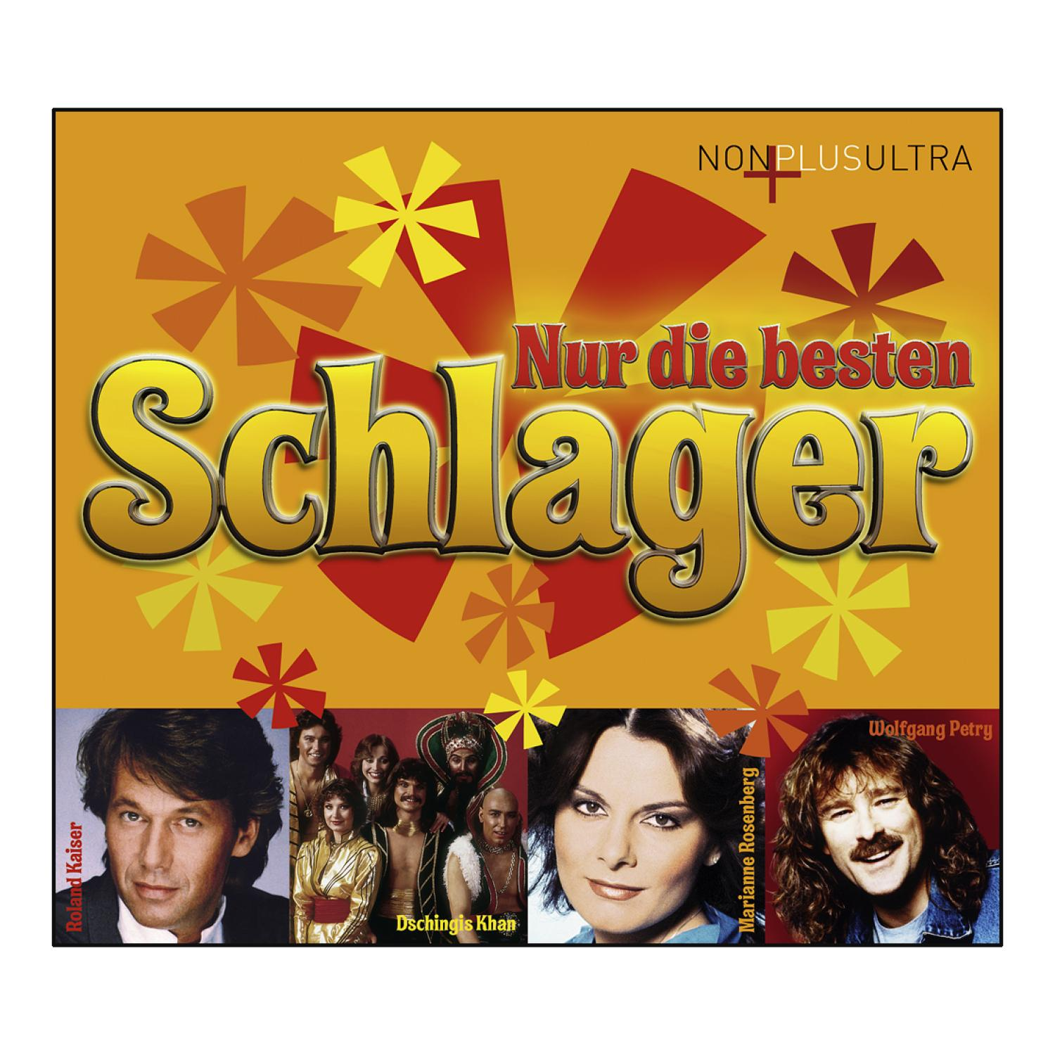 Albumcover mit Text 'Nur die besten Schlager' und Bildern der Künstler Roland Kaiser, Dschinghis Khan, Wolfgang Petry.