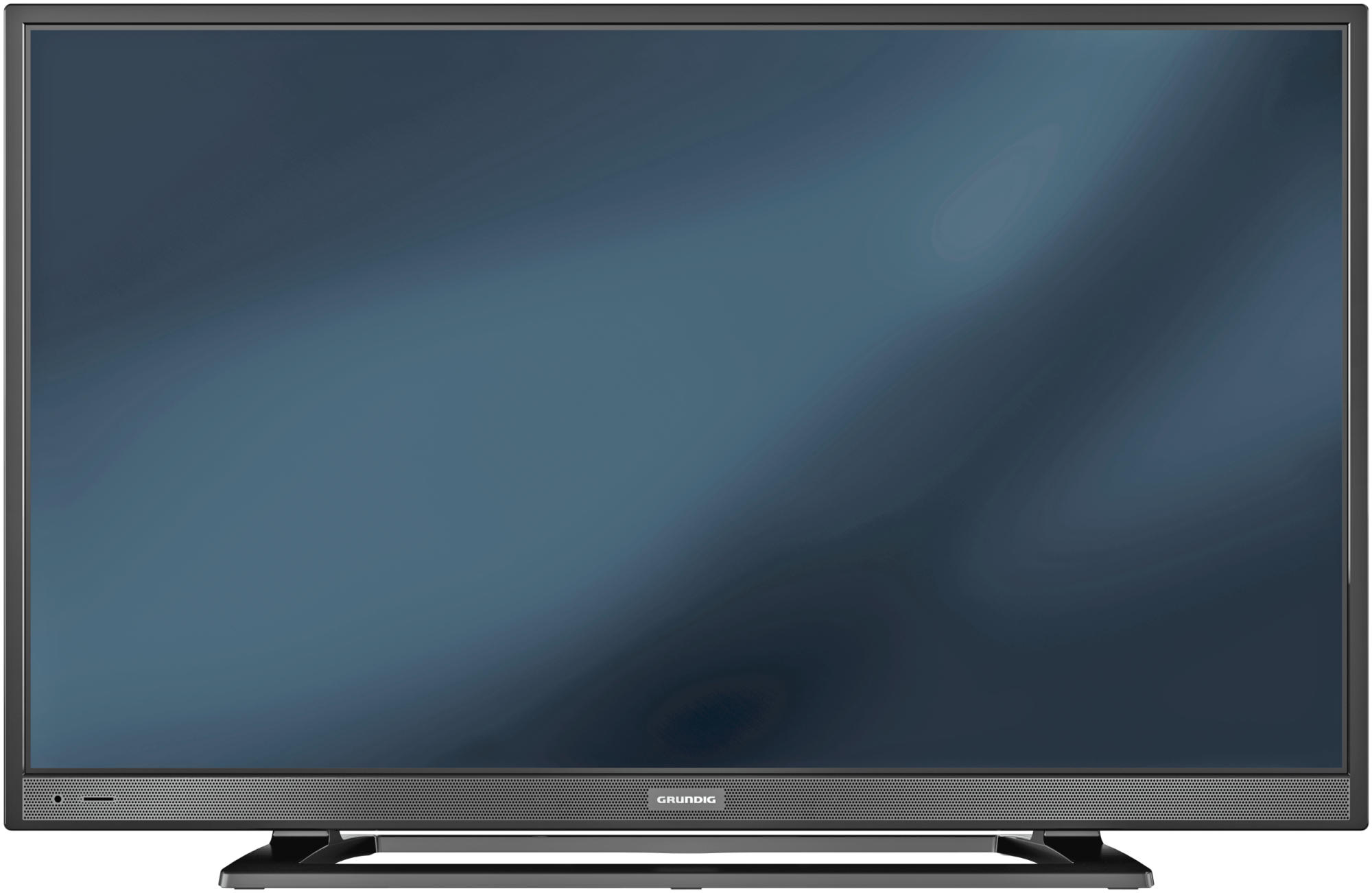 Ein Flachbildfernseher, schwarzer Rahmen, mit einem dunkelblauen Bildschirm und dem Namen „Grundig“ unten.