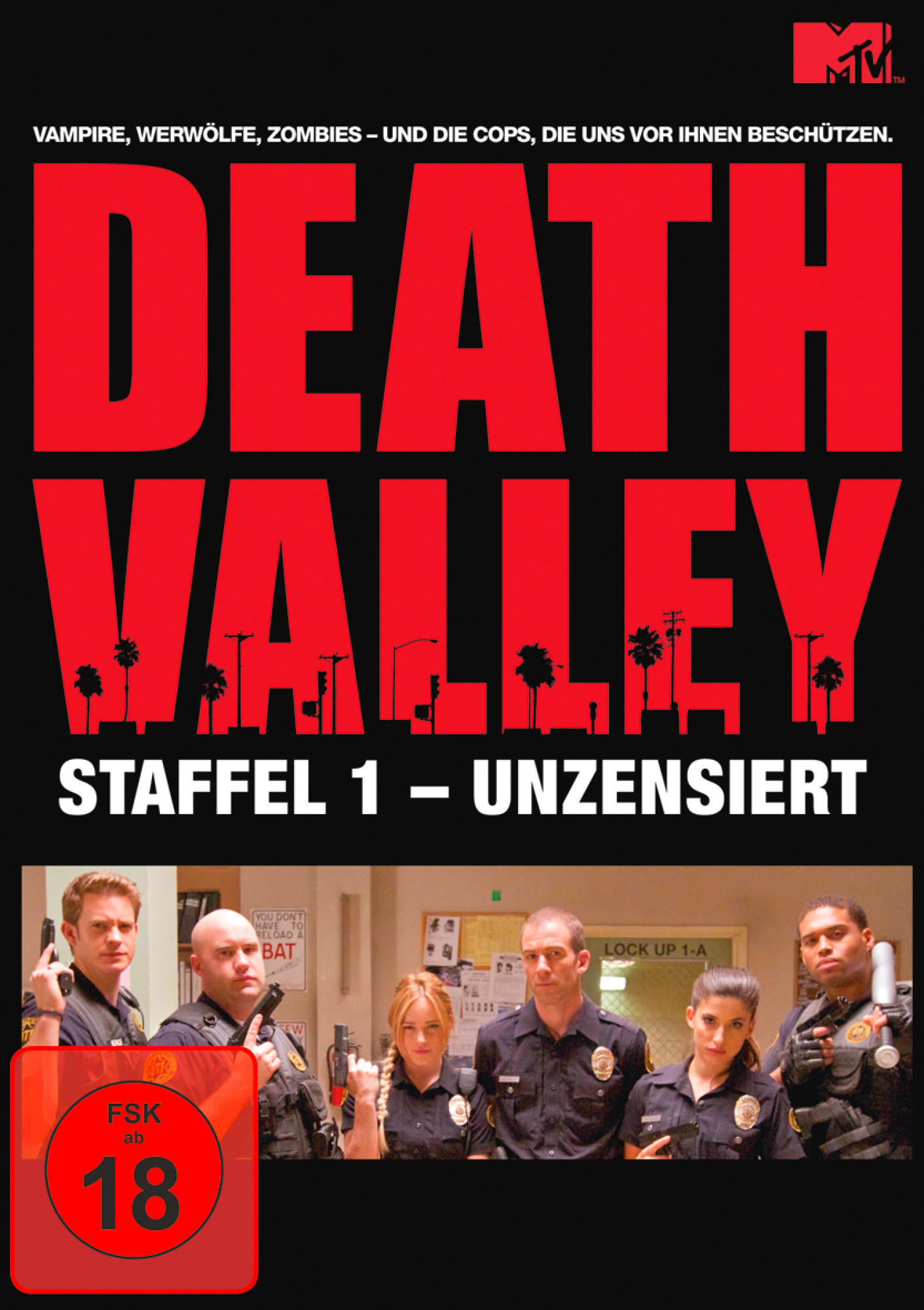 DVD-Cover für Death Valley, Staffel 1. Roter Titel über schwarzem Hintergrund. Unten sind sechs Polizisten abgebildet.