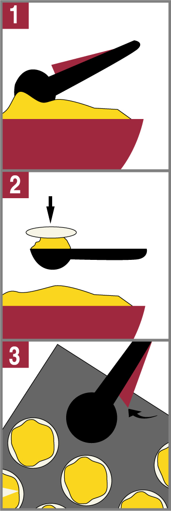 Dreistufiges Diagramm zur Zubereitung von Speisen in einer Schüssel und einer Pfanne.
