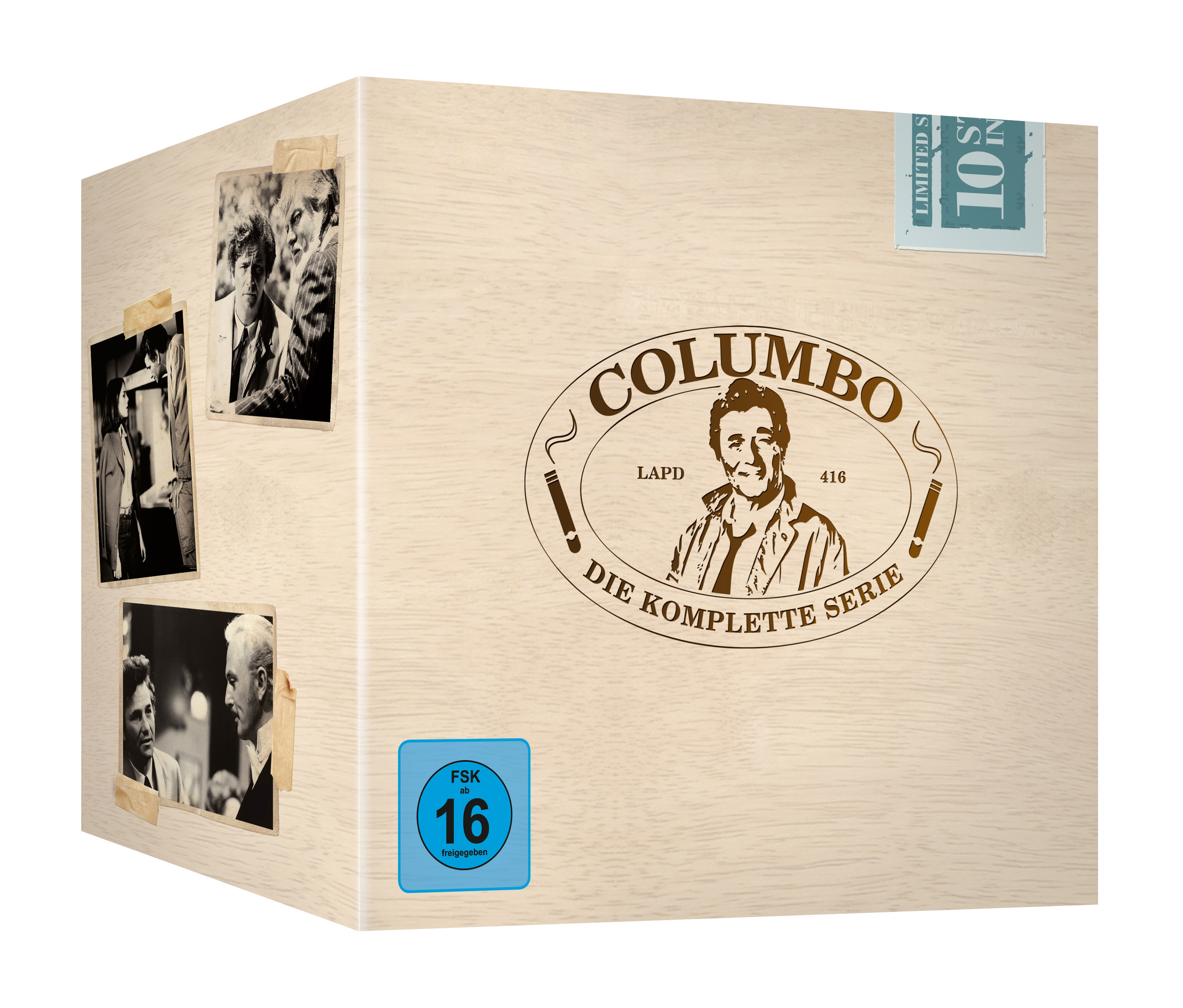 Columbo DVD-Box-Set. Holzkiste mit Fotos und Text auf der Vorderseite.