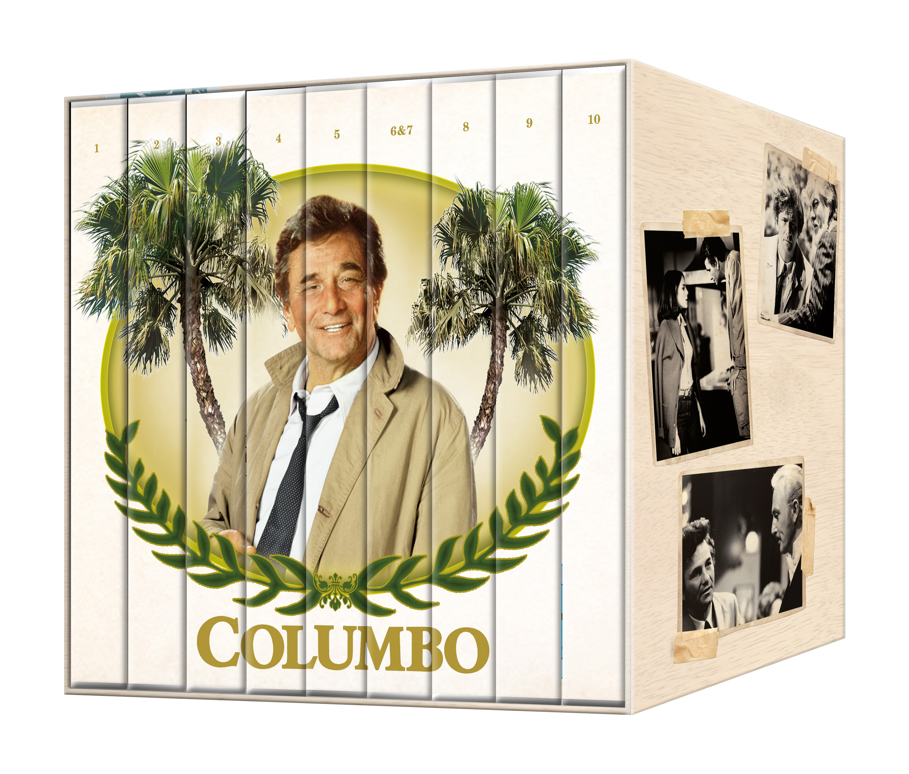 Boxset mit Columbo und Fotos an der Seite. Das Boxset hat die Serie nummeriert auf dem Rücken.