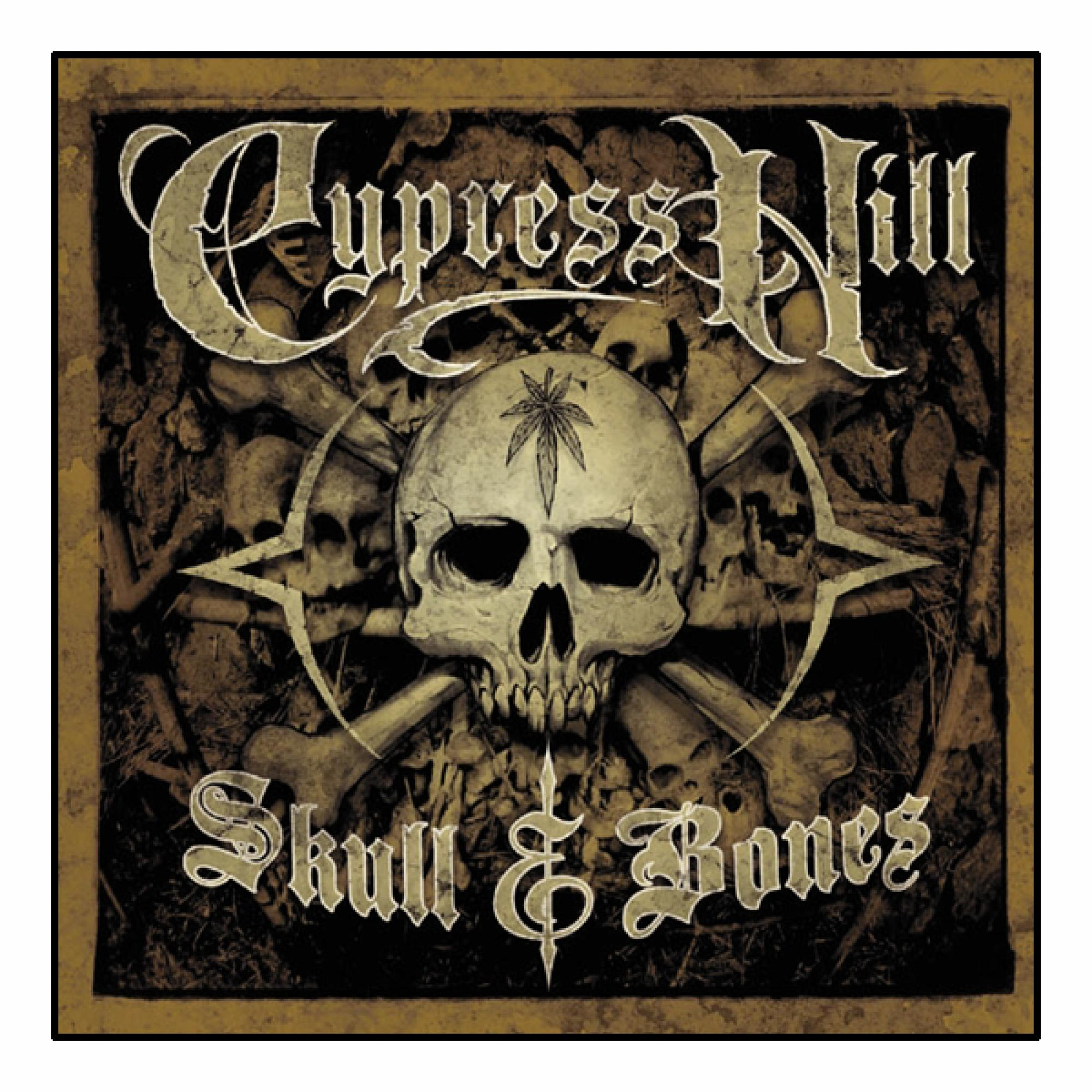 Albumcover von Cypress Hill: ein Totenkopf mit einem Marihuanablatt, gekreuzten Knochen, auf braunem Hintergrund.