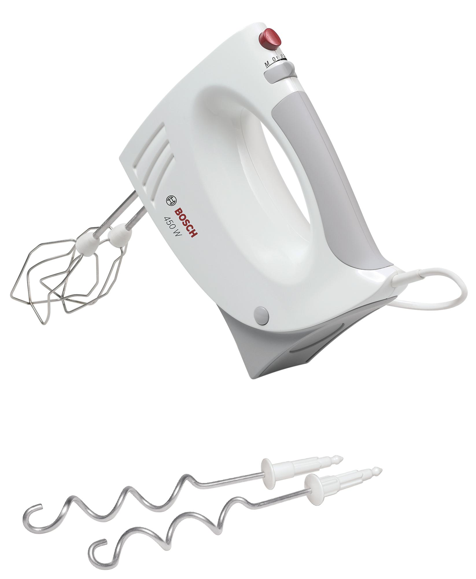 Weißer Handmixer mit zwei Rührbesen. Die Marke ist Bosch.