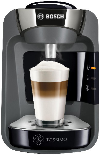 Kaffeemaschine mit Latte. Cremiger Milchschaum oben. Glasbecher. Grau-schwarzes Design.