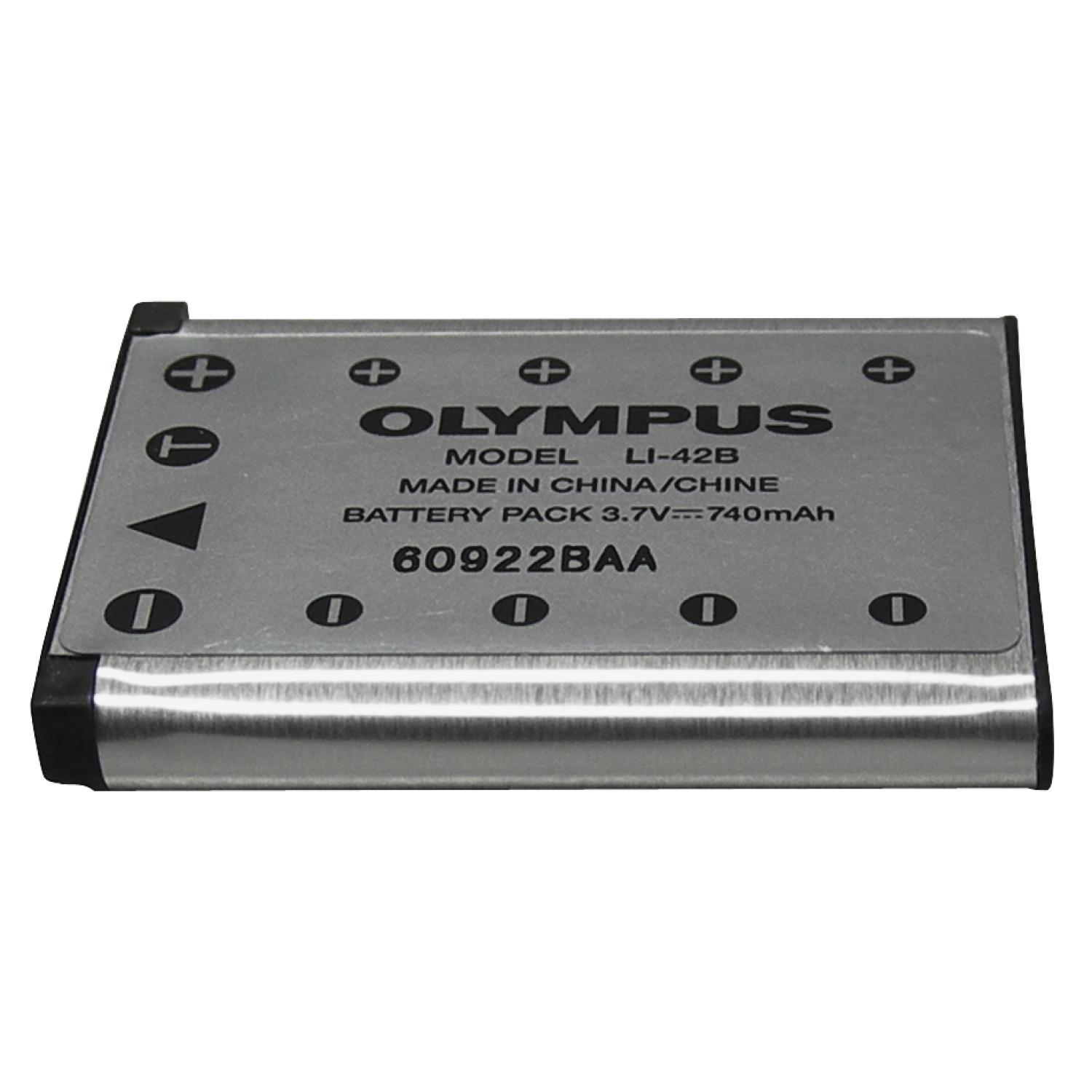 Olympus Kamera-Akku. Silber, mit schwarzen Akzenten, Text: Olympus.