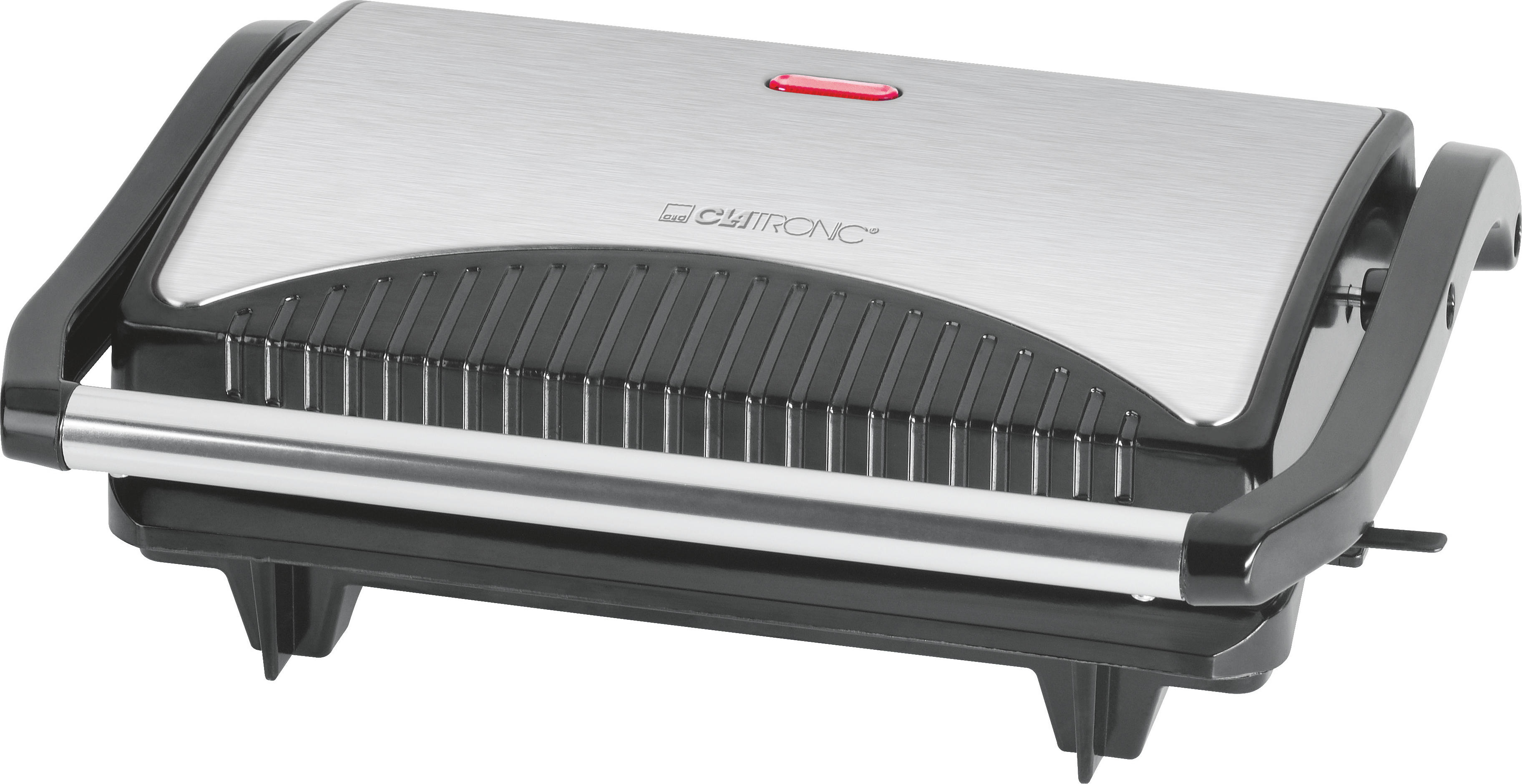 Silber-schwarzer Sandwichmaker mit Griff und rotem Licht oben.