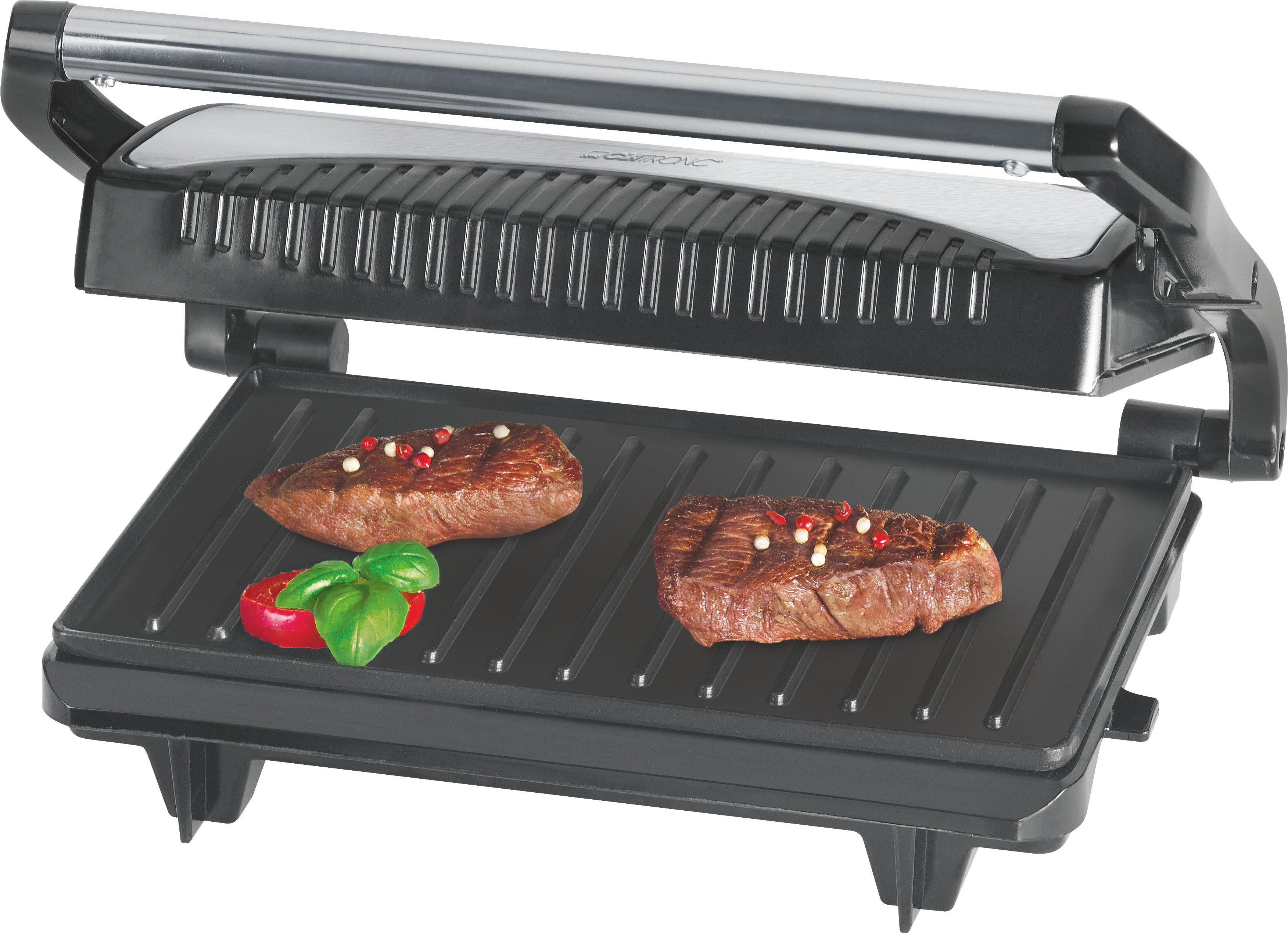 Offener Elektrogrill mit zwei Steaks und roter Paprika. Schwarzer Grill, Chromgriff.