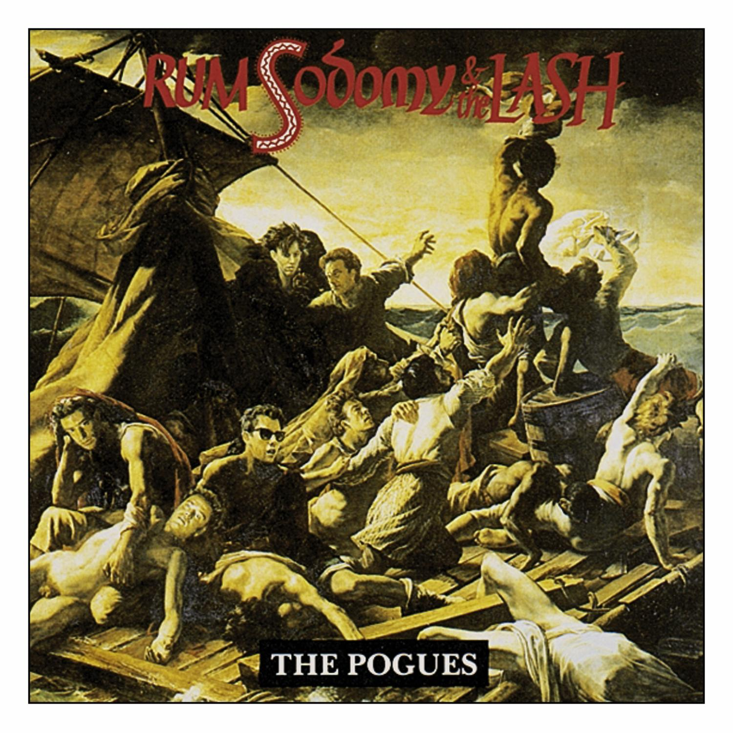Albumcover für "Rum, Sodomy & the Lash". Illustration von Menschen in einem Boot, raues Meer und Titel.