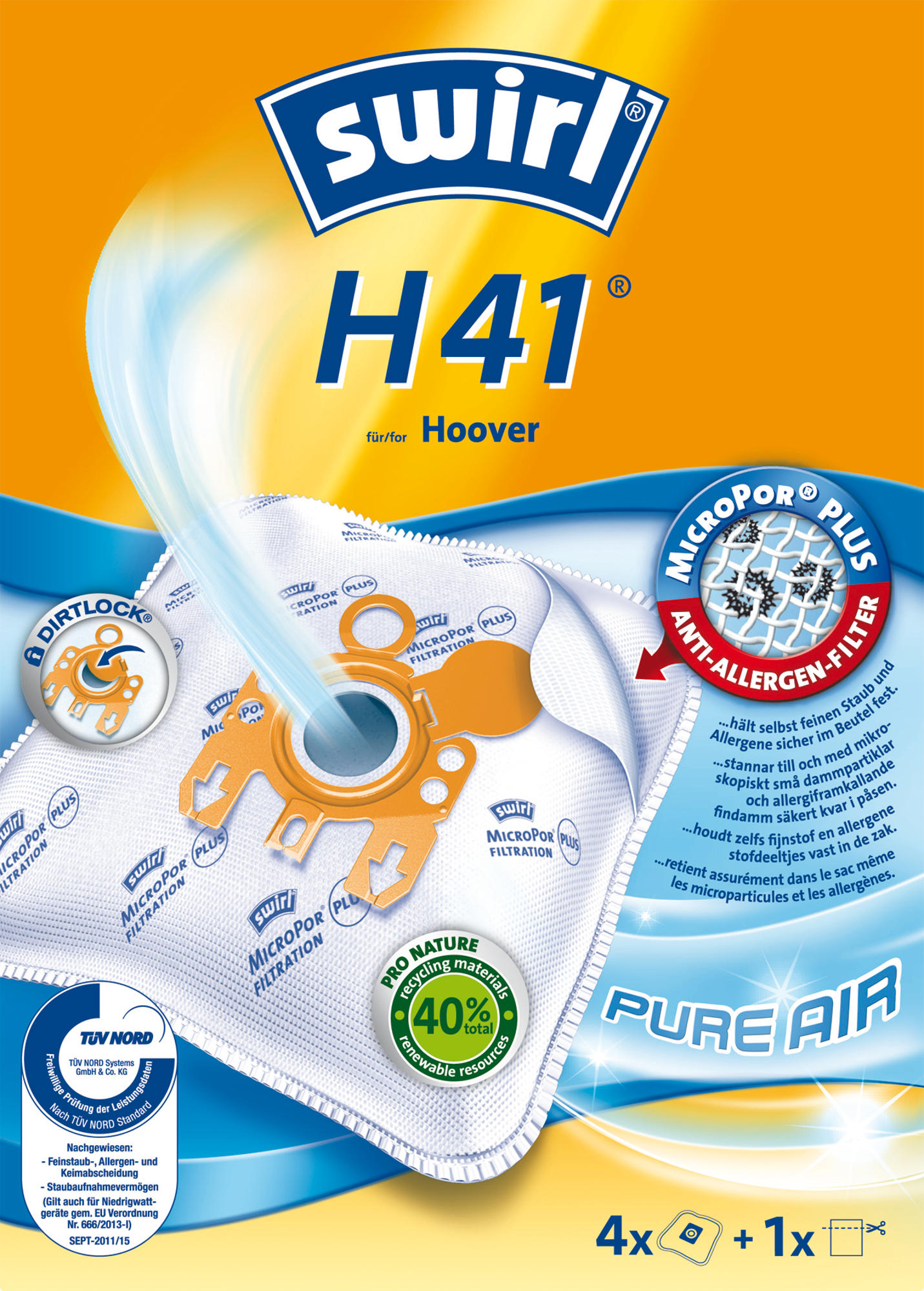 Swirl H41 vacuum cleaner bag packaging with text and a diagram on a white background.