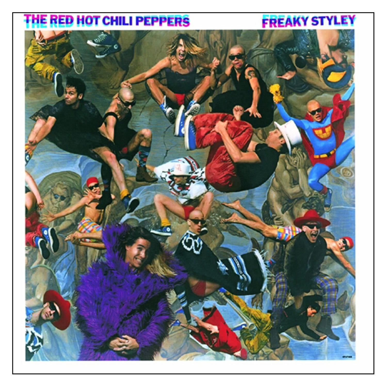 Das Red Hot Chili Peppers Albumcover. Viele Menschen in Kostümen sind in dem Gemälde. Helle Farben.