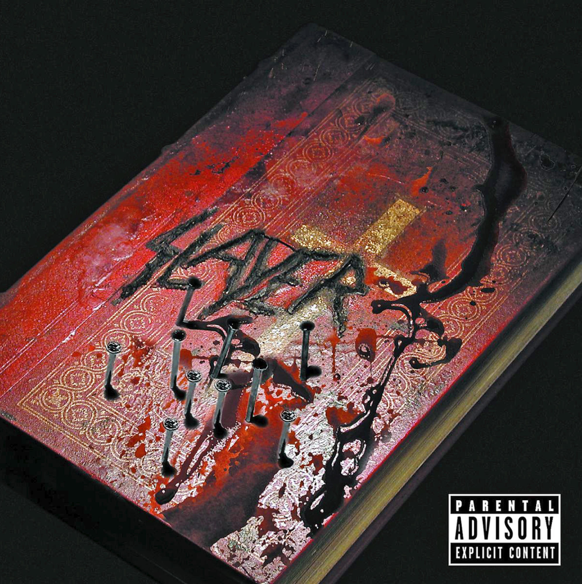 Slayer-Albumcover, ein rotes Buch mit Nägeln und Blut, Parental Advisory Label.