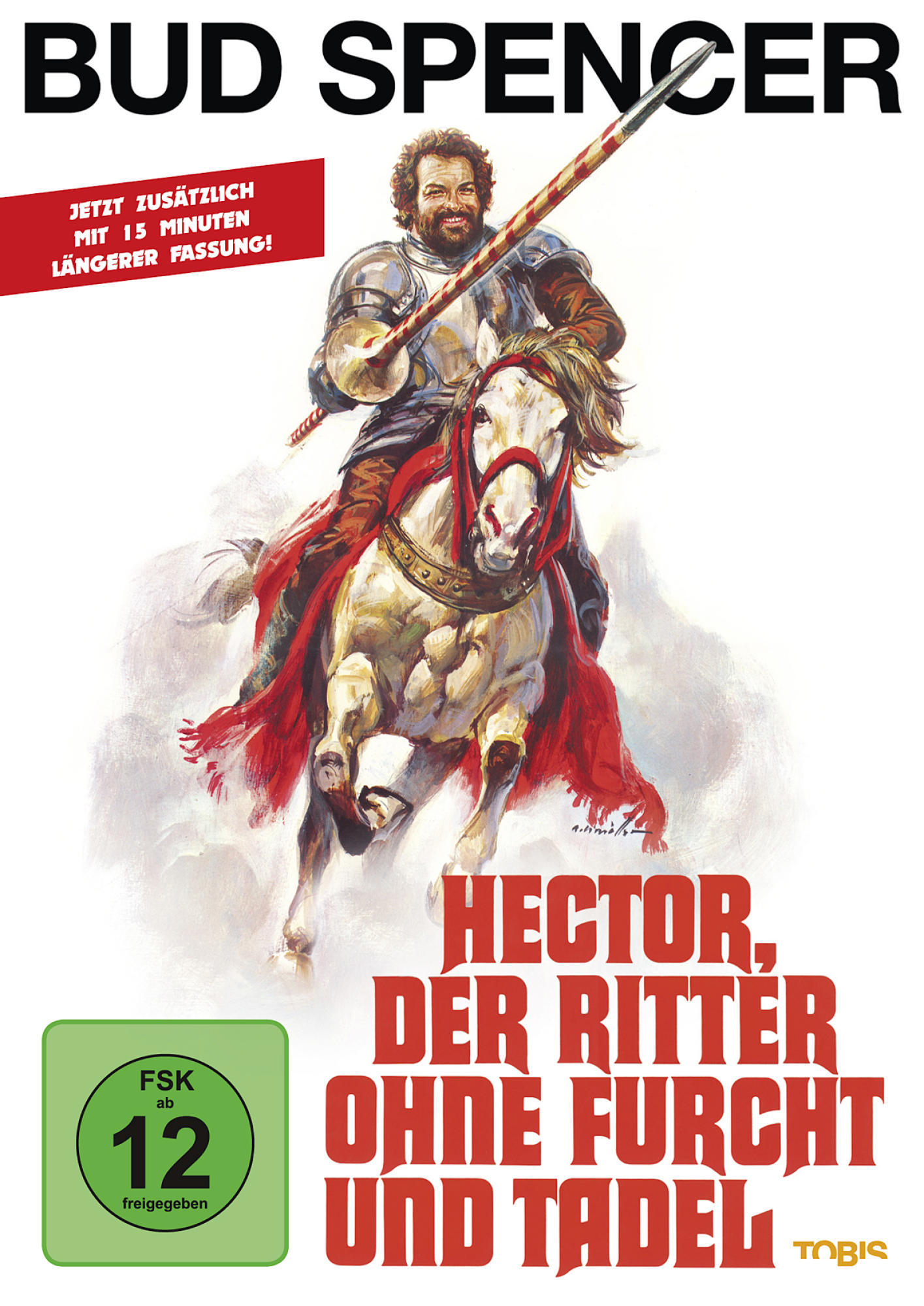 Filmplakat: Bud Spencer auf einem Pferd in Rüstung, Titel 'Hector' und ein rotes Banner.