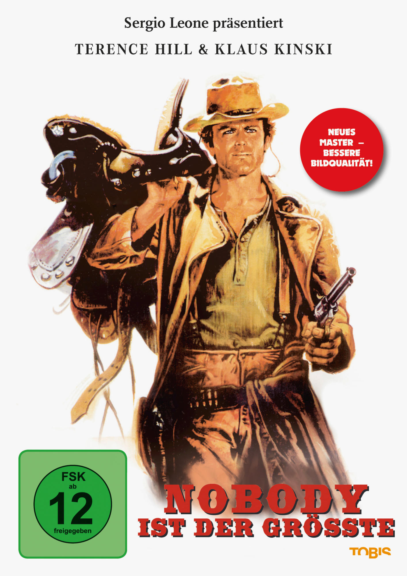 Filmplakat. Ein Cowboy mit einer Waffe und einem Sattel. Titel: Niemand ist der Größte.
