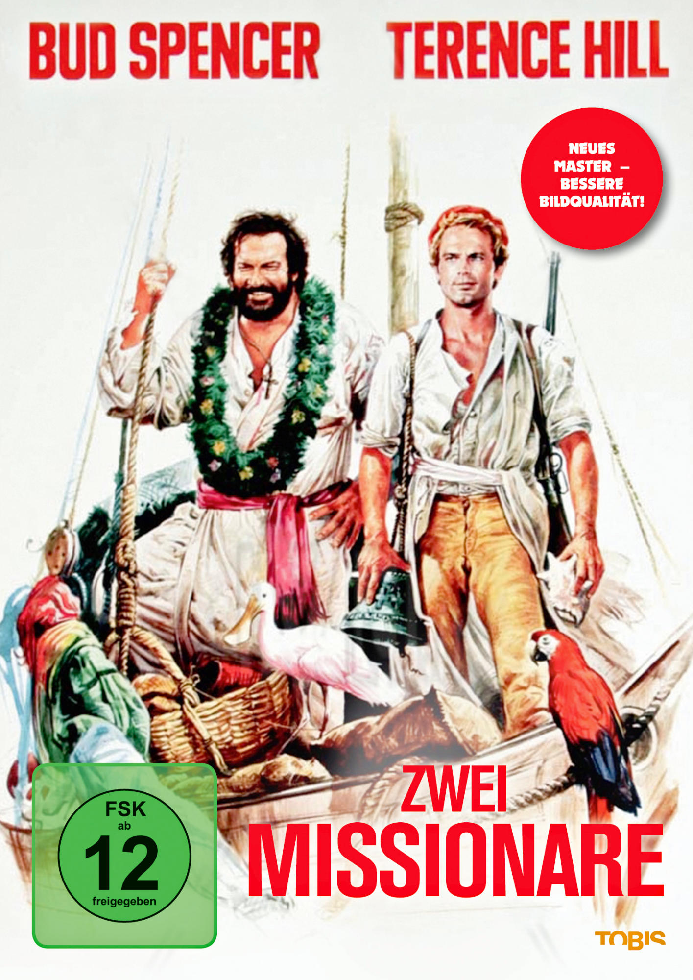 Filmplakat: Bud Spencer und Terence Hill auf Boot, Papageien. Deutscher Text.