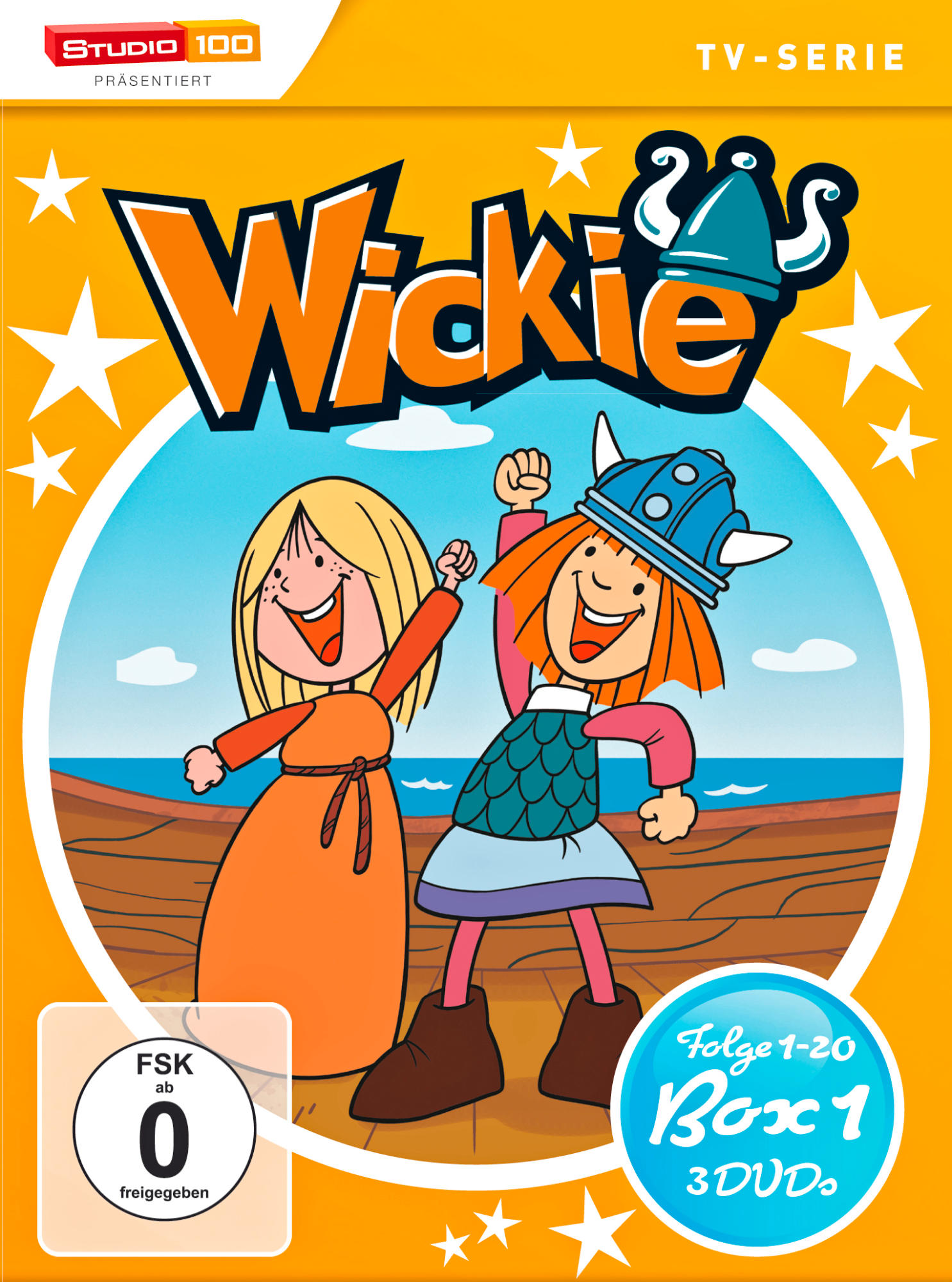 DVD-Cover: Zwei Zeichentrickfiguren, ein blondes Mädchen und ein rothaariges Mädchen. Text: Wickie.