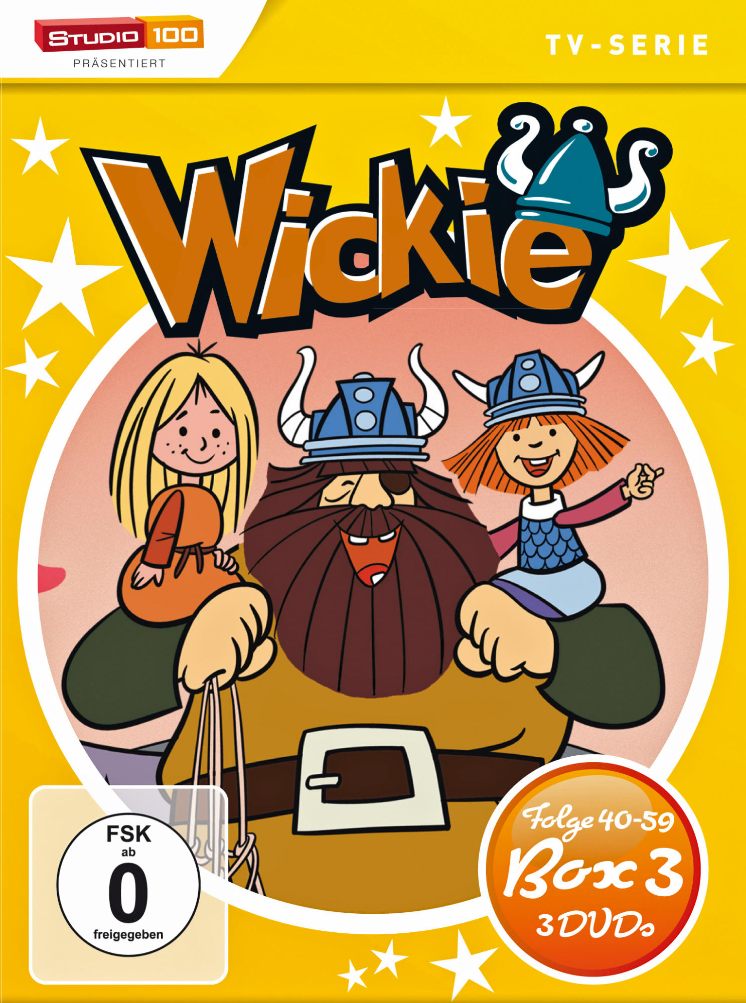 Cartoon-DVD-Cover. Ein blondes Mädchen und ein rothaariges Mädchen sitzen auf den Schultern eines Mannes. Titel: Wickie. Box 3. FSK 0.