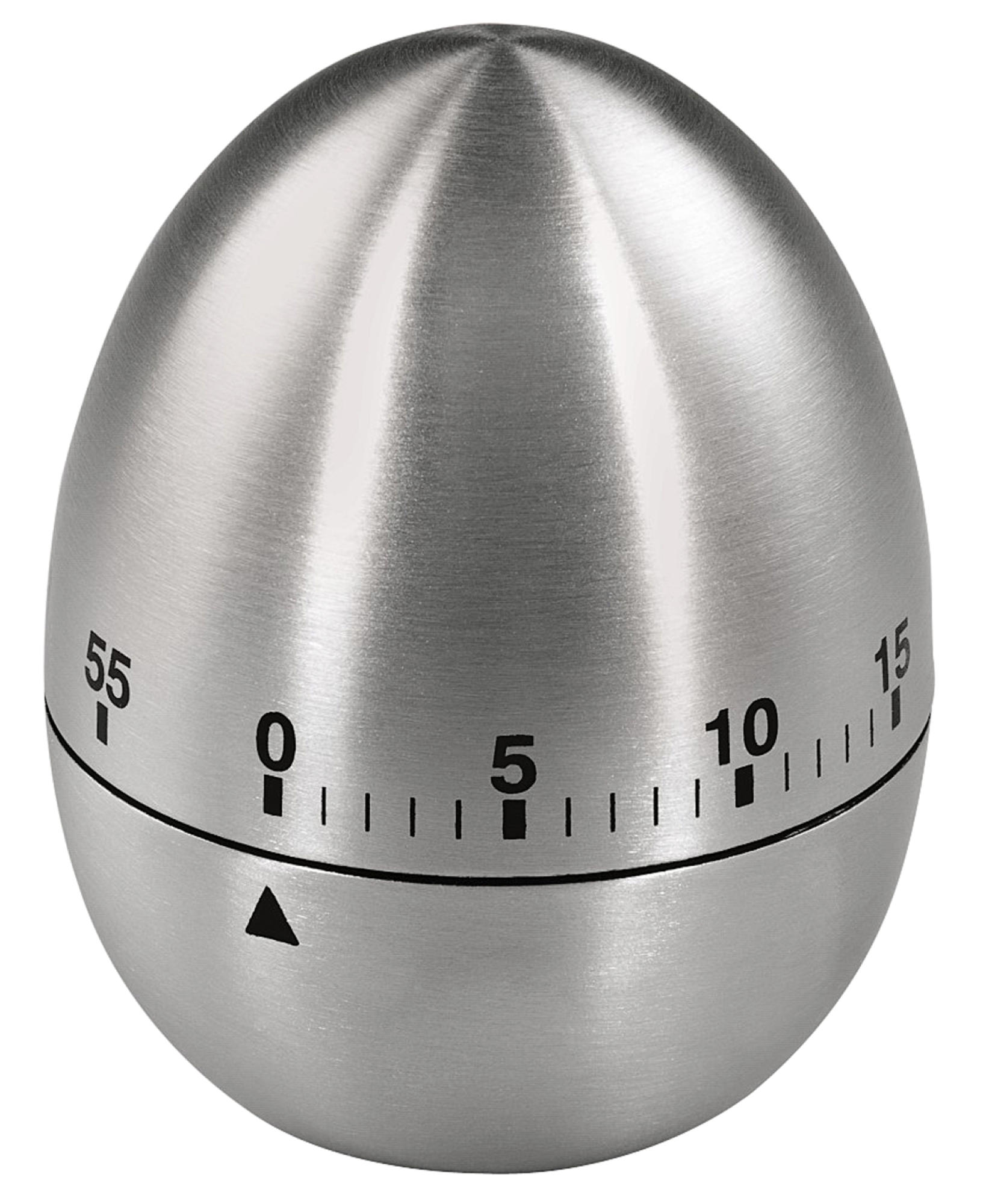Ein eiförmiger Küchenwecker aus gebürstetem Metall mit einer Skala von 0 bis 55 Minuten.