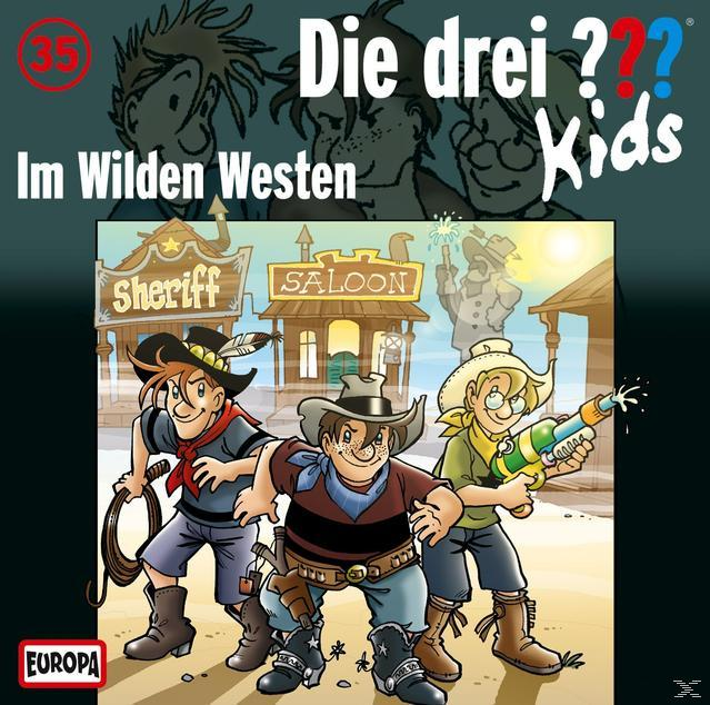 Comic-Cover von 'Die drei ??? Kids' im Wilden Westen. Drei Kinder und Western-Szenen.