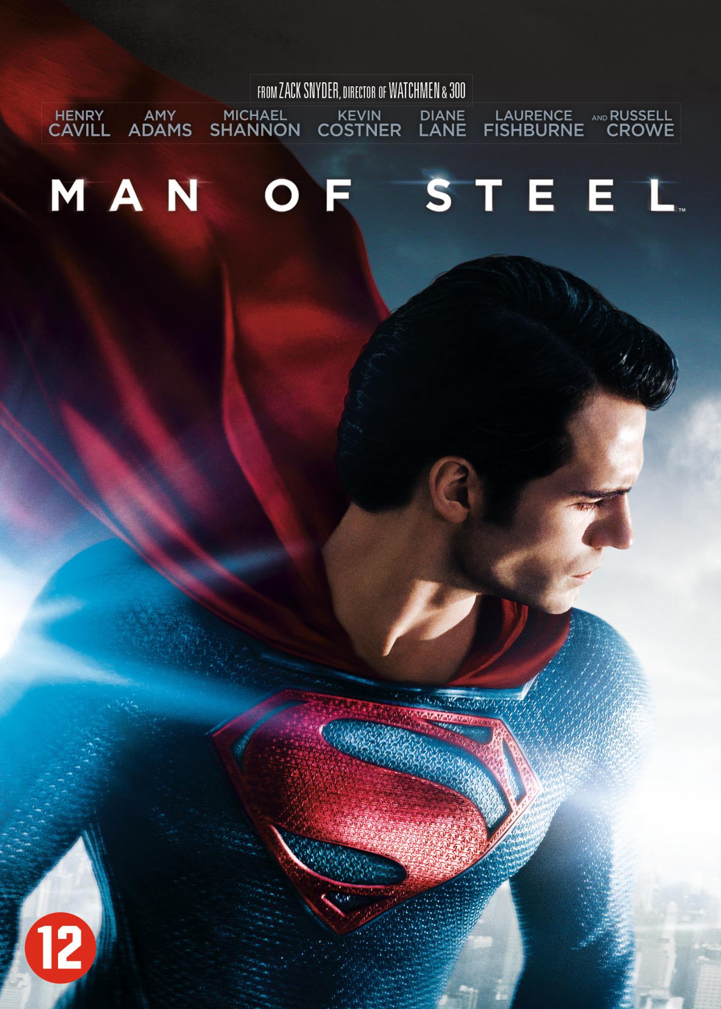 Superman uit de Man of Steel film, met rode cape en blauw pak.
