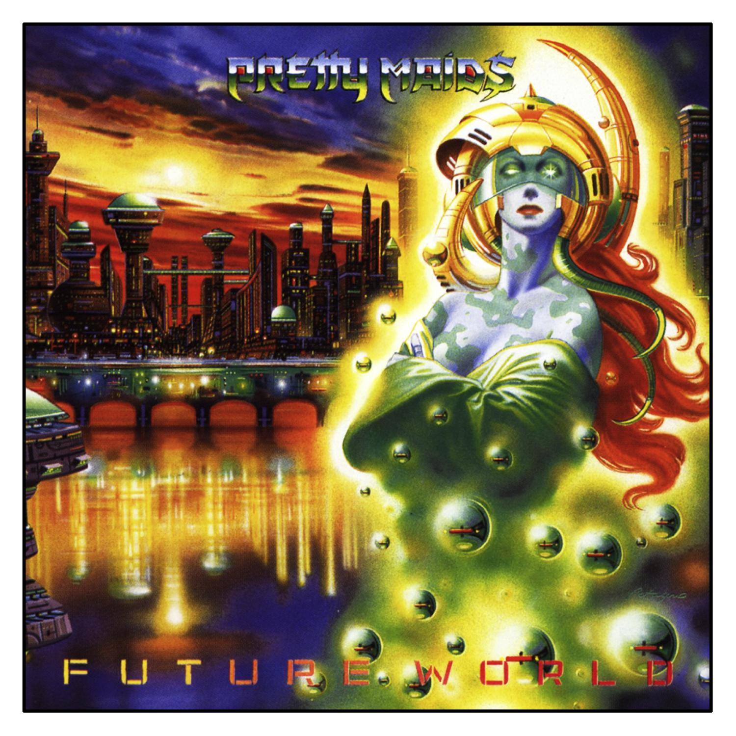 Albumcover. Eine futuristische Stadt und eine Frau mit Kopfschmuck und grüner Kleidung.