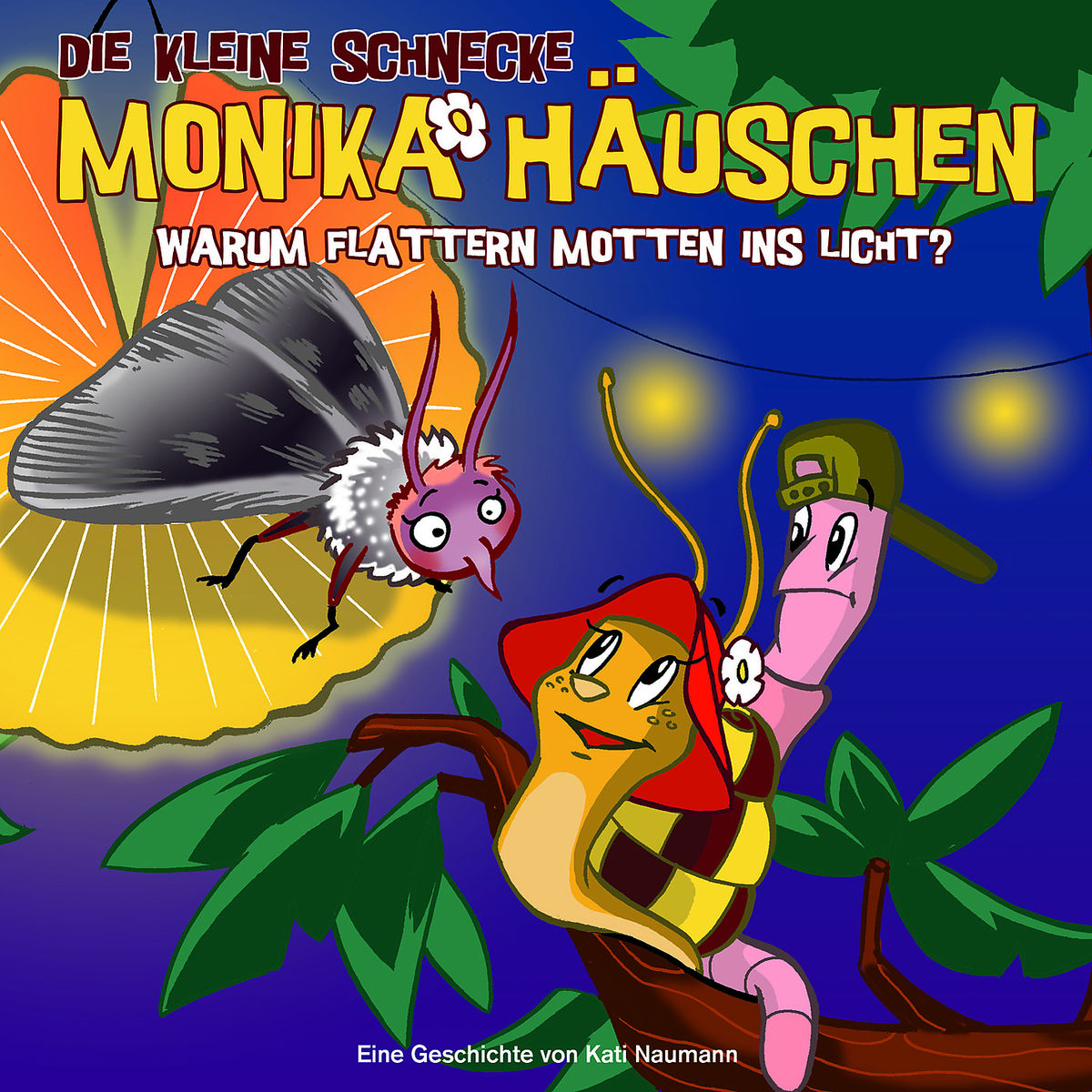Cartoon-Cover. Eine Motte und ein Wurm mit Hut sind in der Nähe einer Schnecke und von Ästen, blauer Hintergrund.
