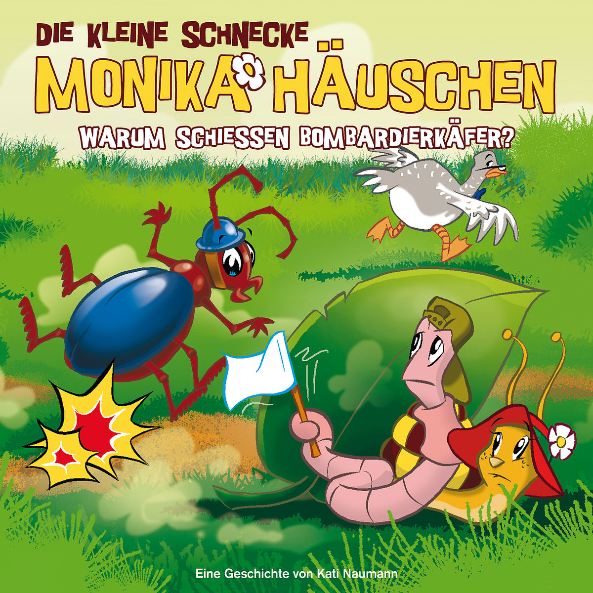 Cartoon-Cover: Ein Käfer, ein Wurm, eine Schnecke, ein Vogel und ein Blatt. Comic-Stil.